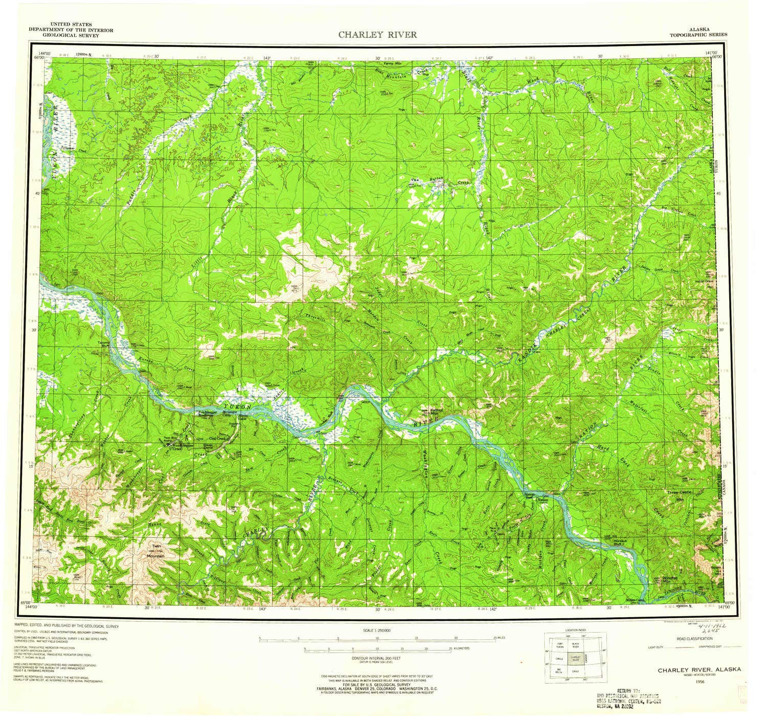YellowMaps Charley River AK topo map, 1:250000 Scale, 1 X 3 Degree, Historical, 1956, Updated 1961, 23 x 24.7 in - Tyvek
