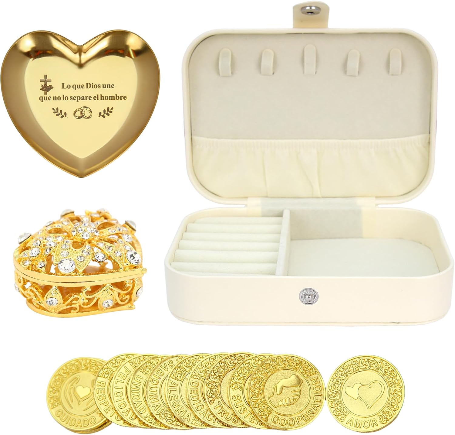 TINGKU Spanish Wedding Arras – Arras para Boda Católica, Arras de Boda Cristiana con 13 Monedas, Christian Wedding Coins, Decoración para Bodas, Leather Box-Gold Coins 5D