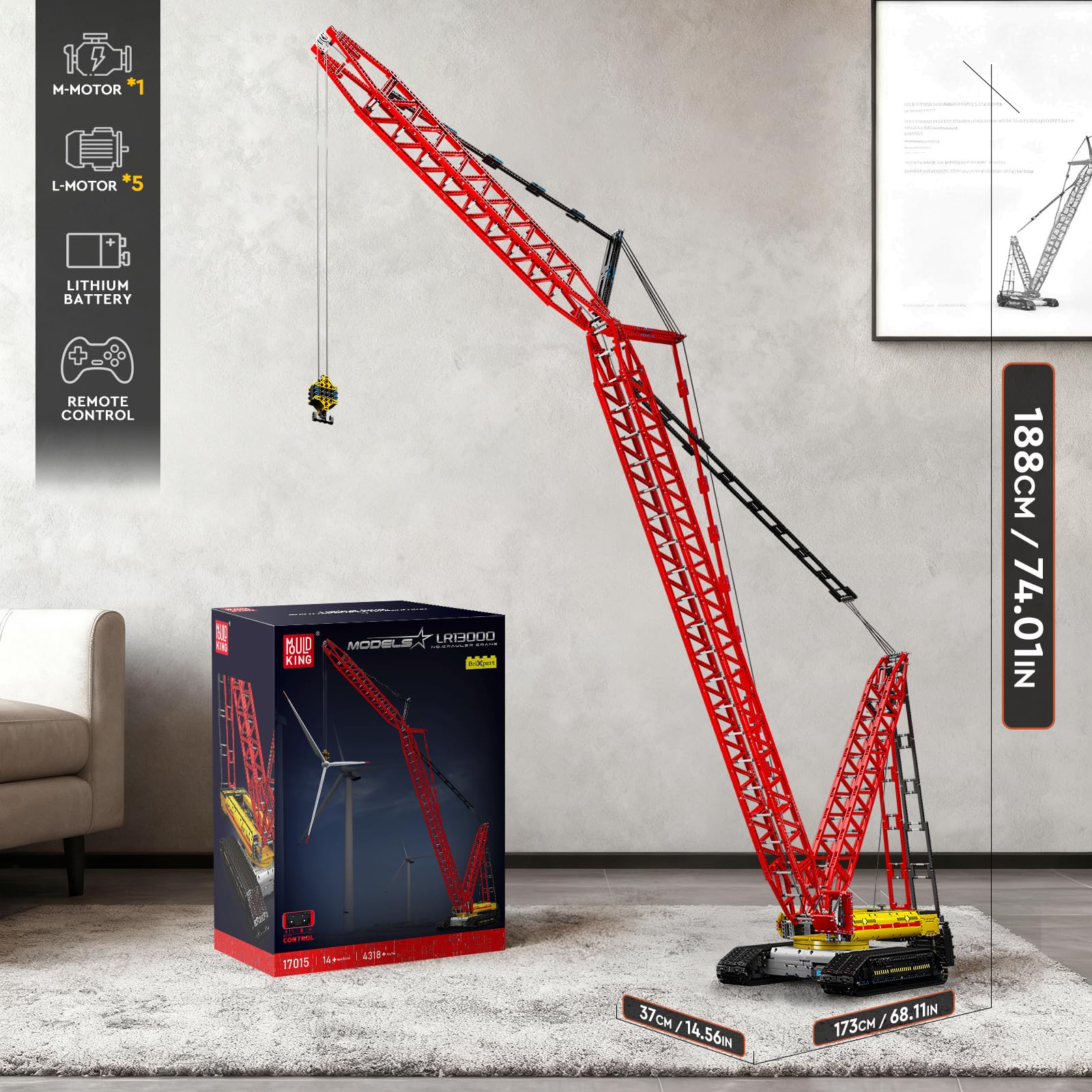 Mould King 17015 Tecnología Grúa Bloques de Abrazadera, 4318 Piezas Control Remoto Grúa Juguete con 6 Motores, Realista Pesado Grúa de oruga Maqueta para Adultos