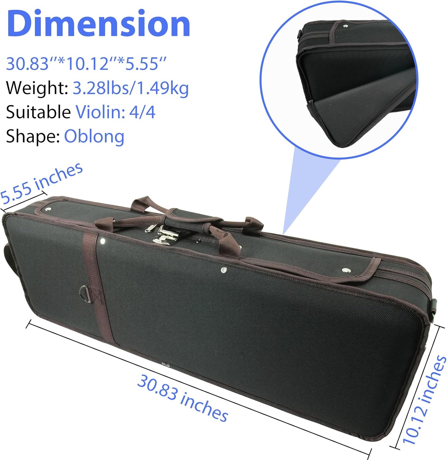 4/4 Full Size Violin Case, Lightweight Portable Carrying Bag, Oblong Professional Hard Case with Built-in Hygrometer, Shoulder Straps, Plush Lining for Students & Players, Black & Navy