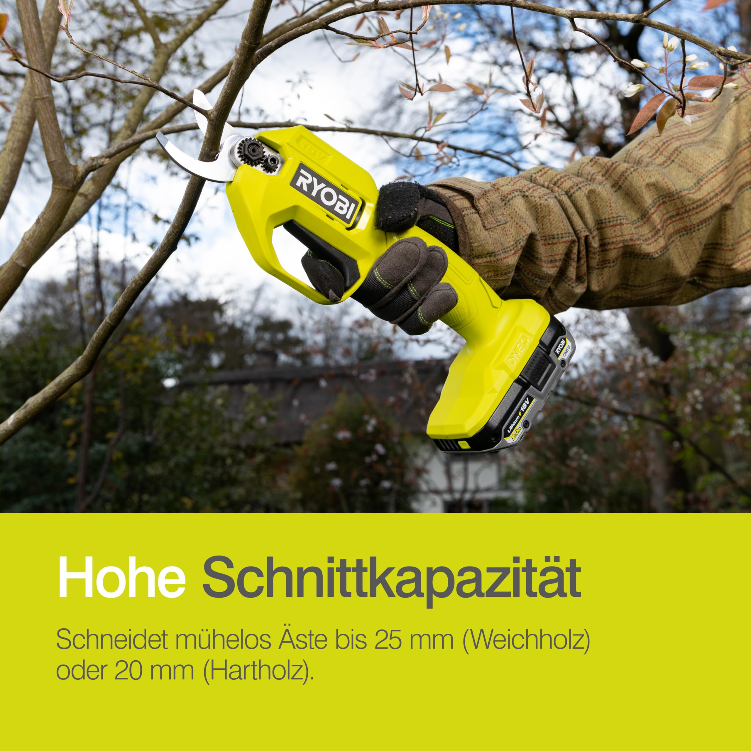 RYOBI 18 V ONE+ Akku-Gartenschere RY18SCA-0 (25 mm Schnittkapazität, 2,5 Sekunden für einen Schnittvorgang, SK5-Stahlklingen, ohne Akku und Ladegerät)