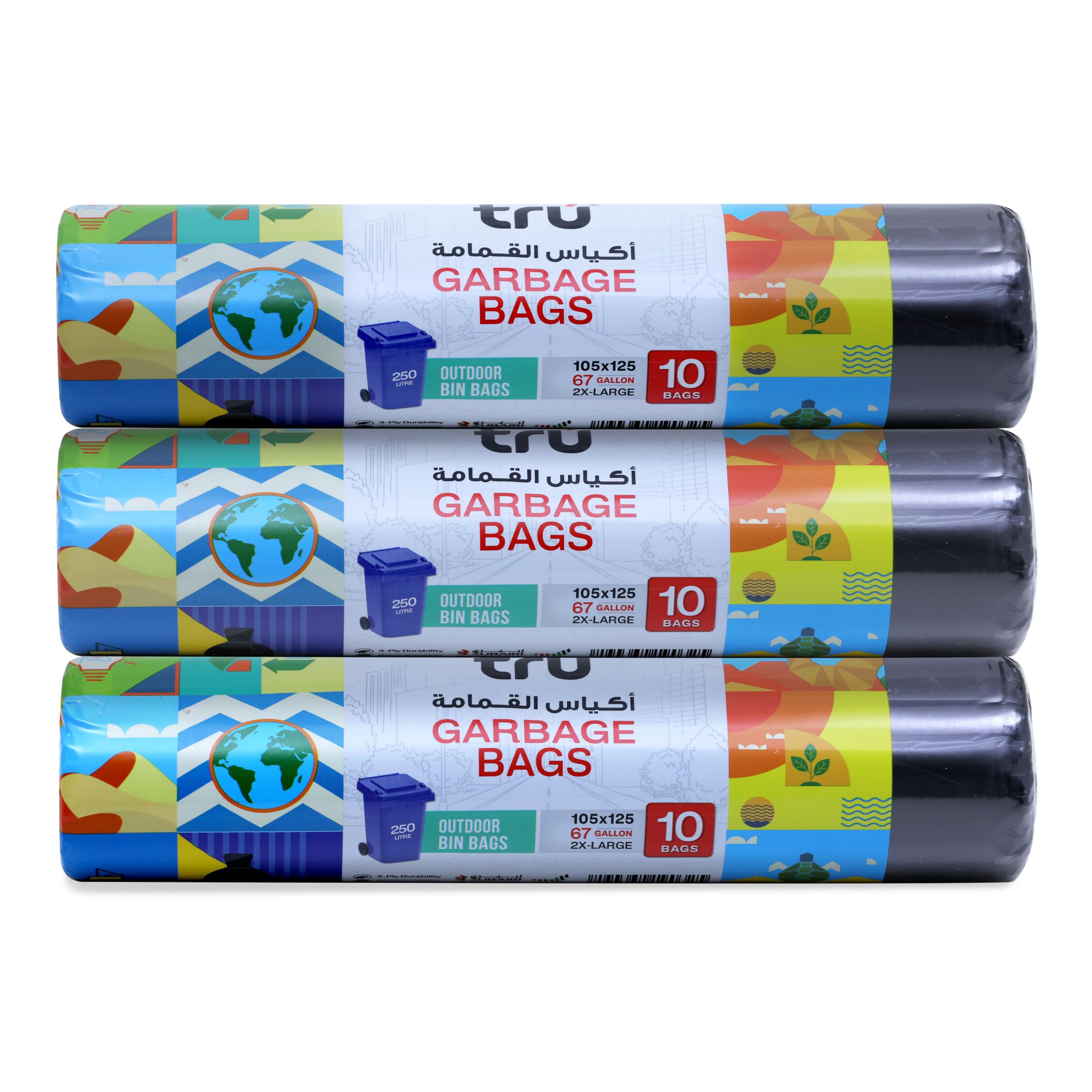 tru® Garbage Bags Compact Roll Black 105x125cm 67Gallon (10pc x 3 Rolls) 30bags