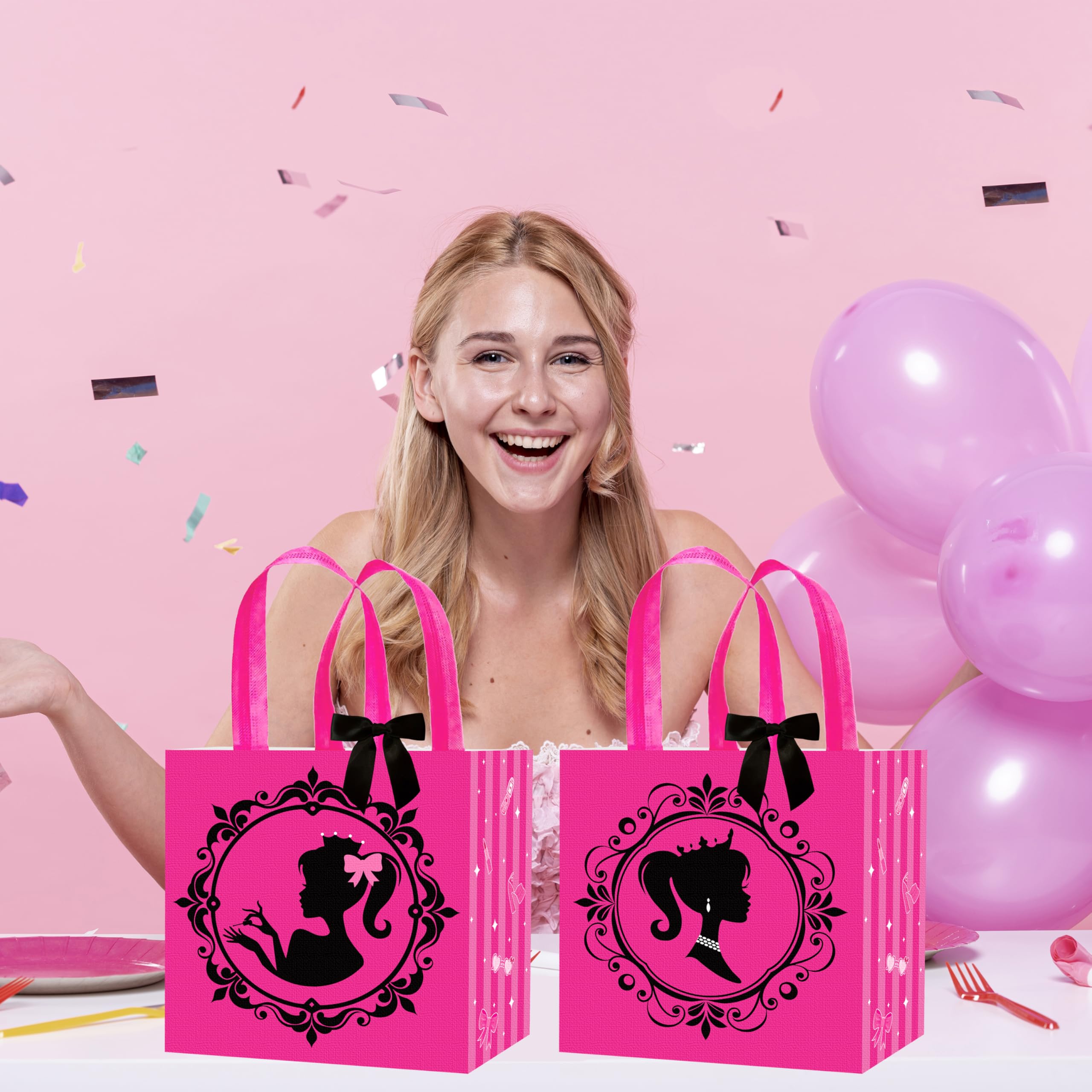 C L cooper life 12pcs Hot Pink Girl Party Gift Treat Bags with Handles Pink Girl Grocery Shopping Bag Princess Theme Non-Woven Bags for Girls Birthday Party Ladies Bachelorette Party Supplies