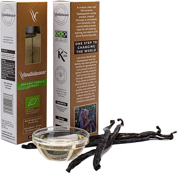 Madagascar Organic Vanilla Extract (50ml) | Pure, Alcohol-Free Clear Extract | Natural Vanilla Flavouring for Baking & Hot Drinks | Vanillabazaar