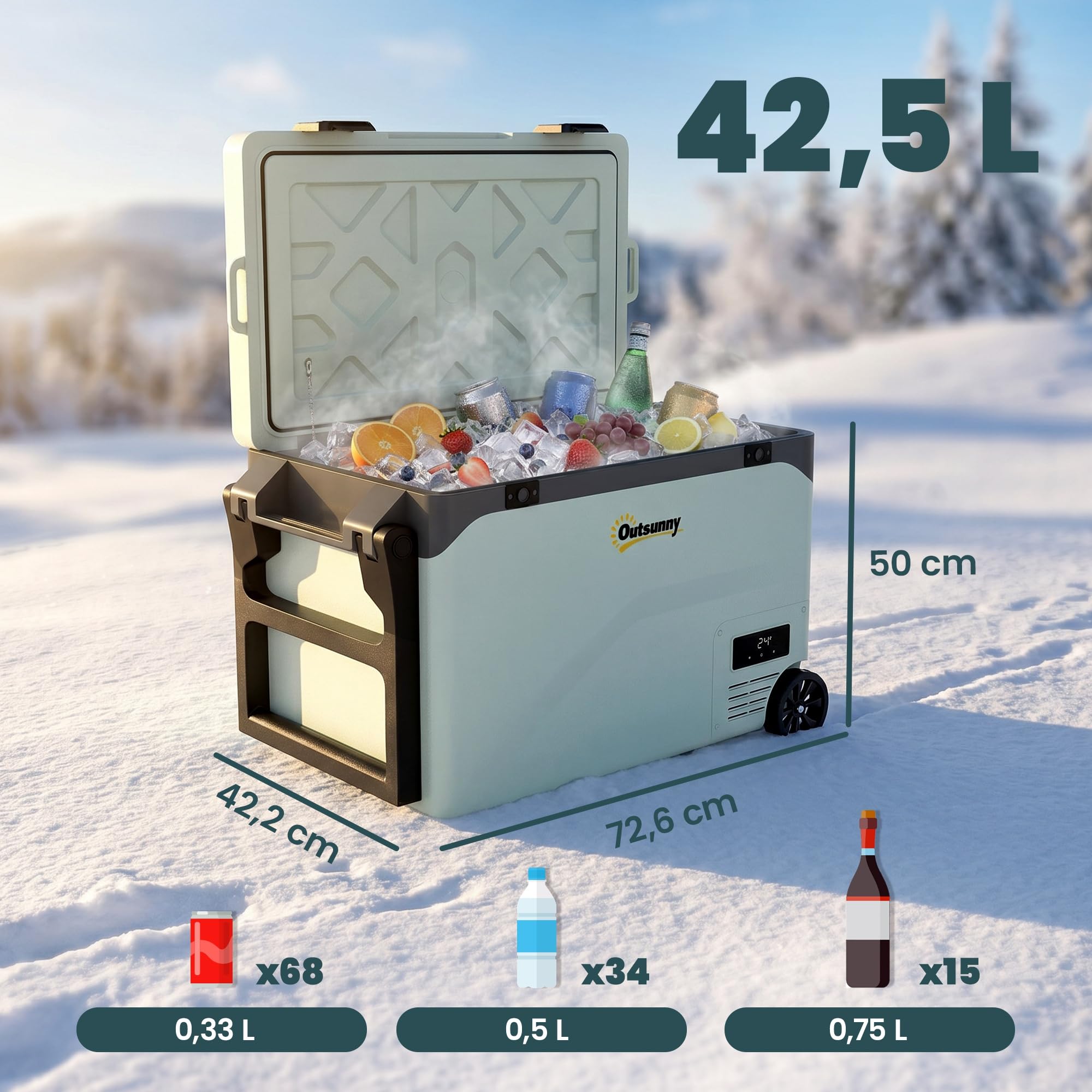 Outsunny Nevera Portátil Eléctrica 42,5L 12/24/240V Refrigerador de Coche con Compresor Control por App Bluetooth Luz LED Pantalla Modos ECO y MAX -20℃ a +20 ℃ Asa Barra Soporte Móvil Ruedas para Casa