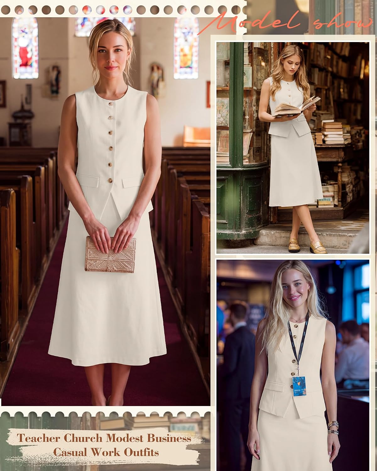 Women's 2 Piece Blazer Outfits Button Vest Knee Length a Line Skirt Set Teacher Church Business Work Casual Suit