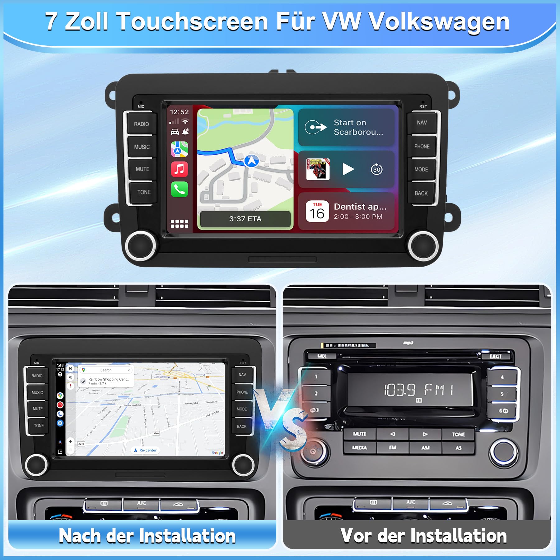 Radio samochodowe z systemem Android 13 do VW Passat/Golf/Polo/Caddy/Tiguan/Jetta i wielu innych| 7-calowy ekran dotykowy HD z kamerą cofania | bezprzewodowy CarPlay & Android Auto | 2 GB + 64 GB GPS