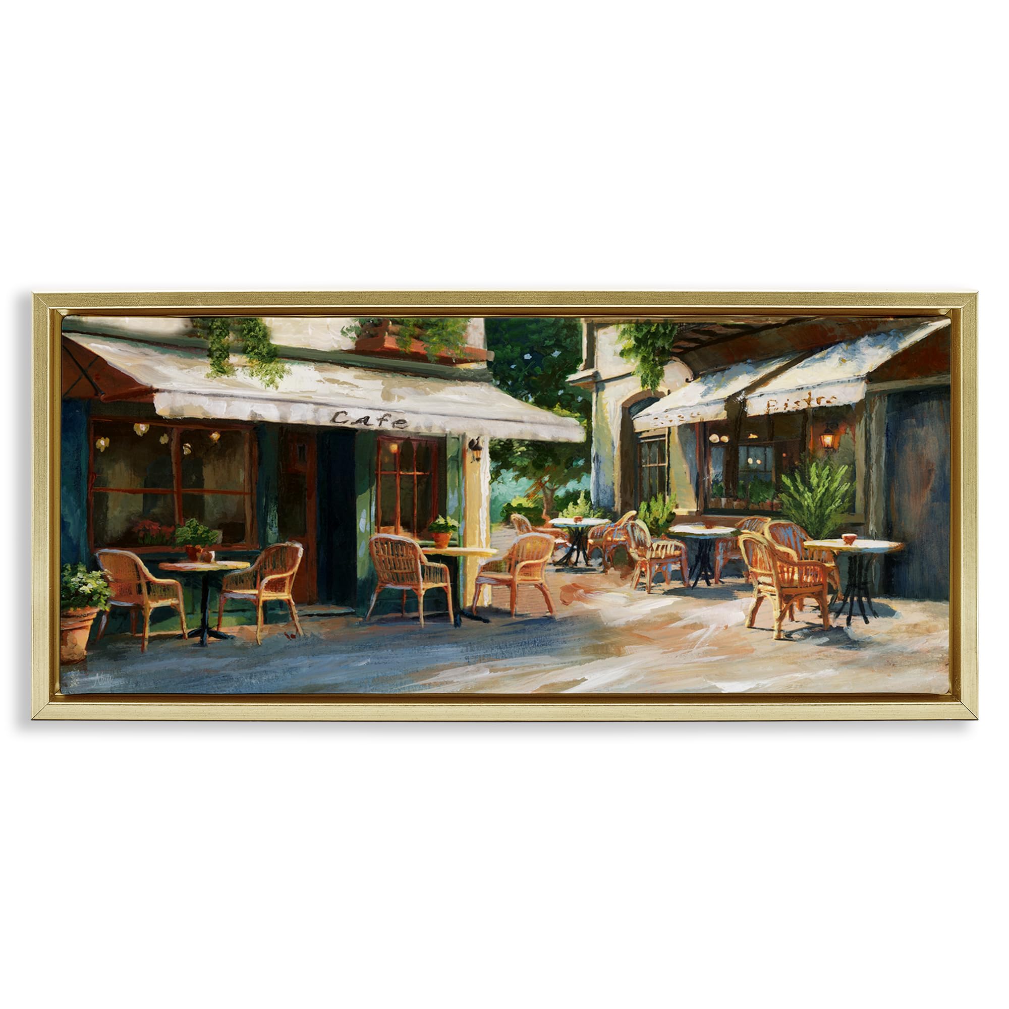 Stupell Industries Metallic Gold (Matte) 'Sunlit Outdoor Parisian Cafe', Floating Frame Canvas Art, Gold, 25 X 11 Inches, Easy To Hang And Sturdy, Made In Usa, By Nan