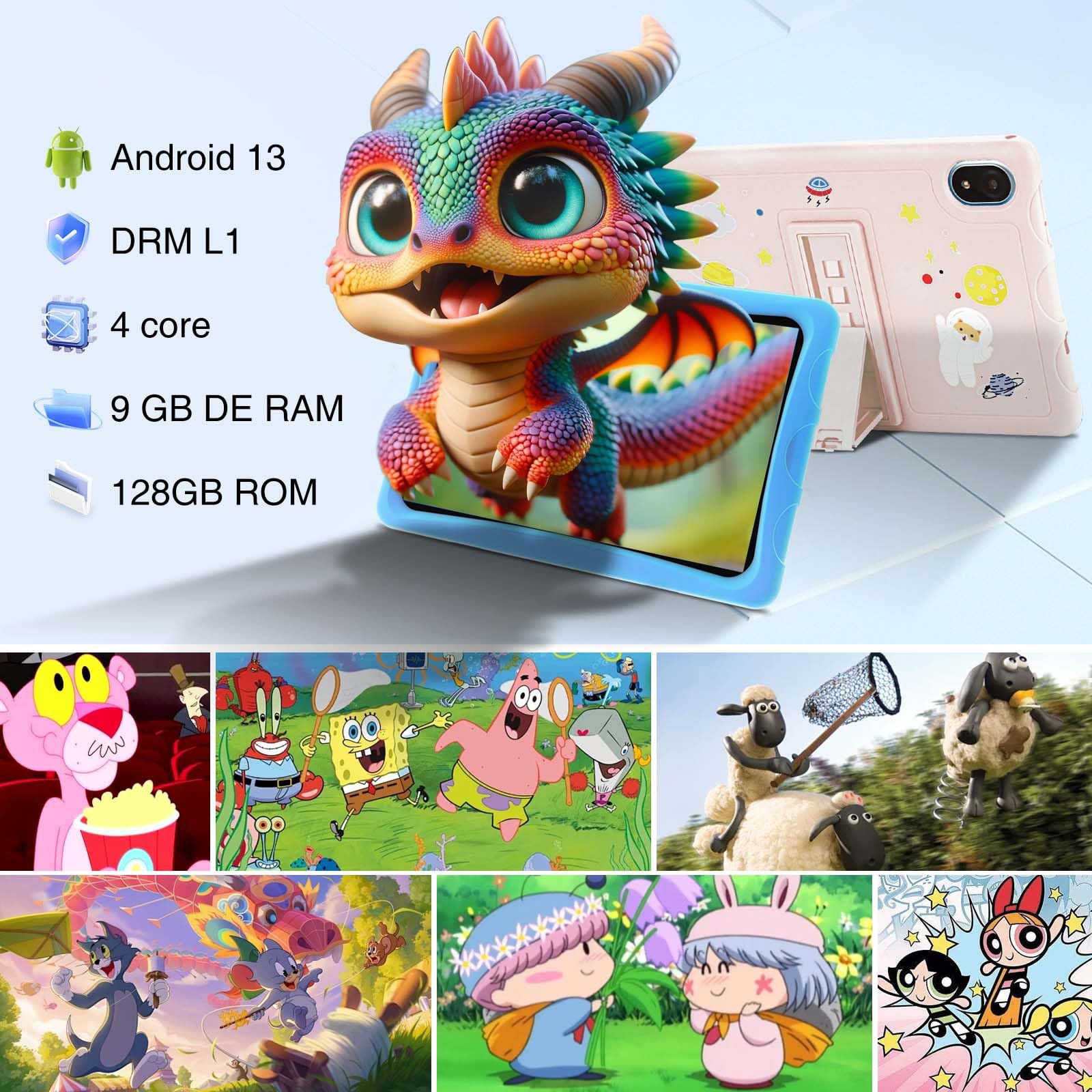 U10 KID Tablet Bambini 10 Pollici, Controllo Parentale, 9GB+128GB/TF 1TB, Android 13, Custodia Antiurto EVA, Kids Space, WIFI6, 8MP+5MP, 5060mAh, Widevine L1, Rosa