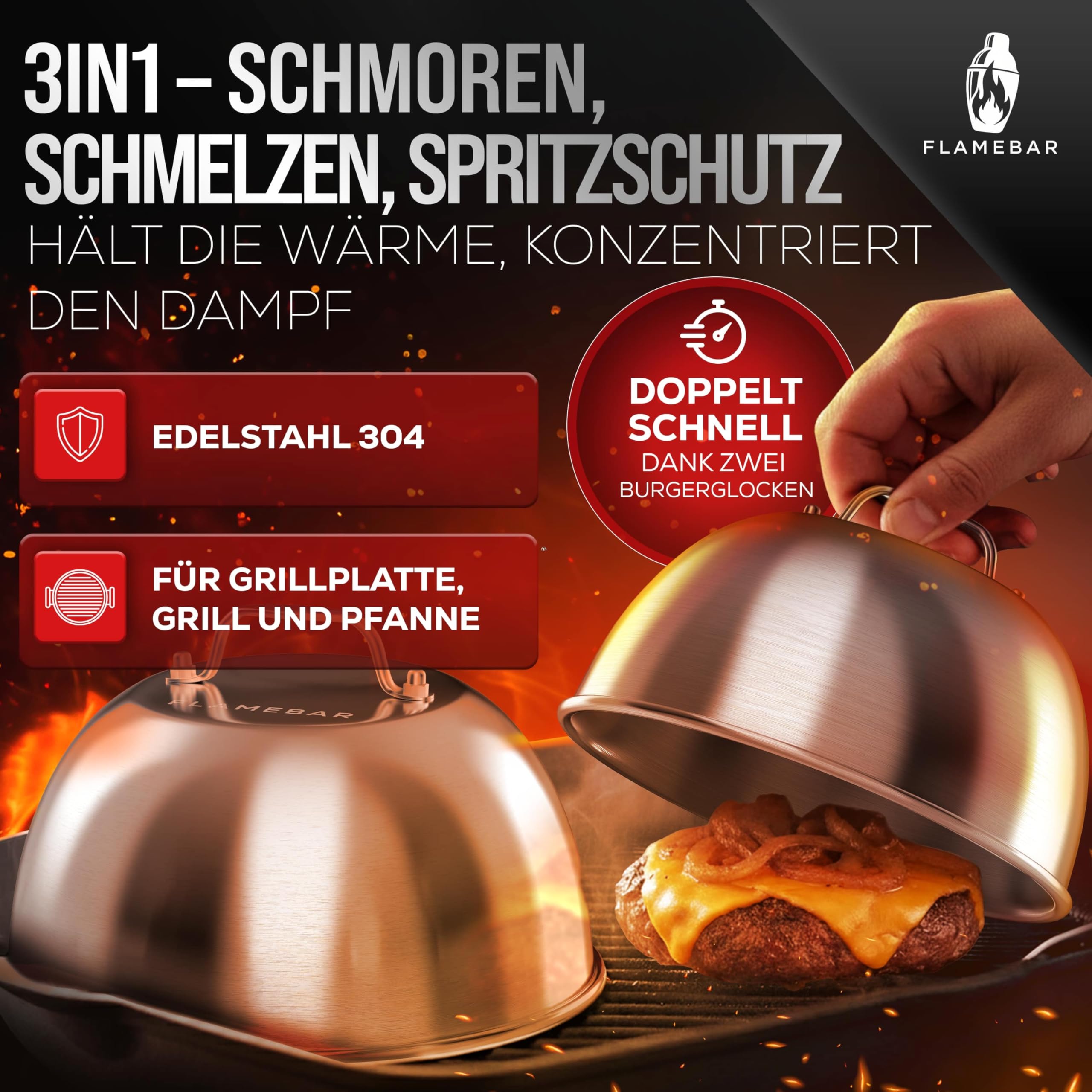 XXL Burgerpresse Set Edelstahl - 5-teilig I Smash Burger Set für 100% Burgergenuss I Burger Presse inkl. Burgerglocke, Burgerspieße & Grillspachtel I Grillzubehör Set
