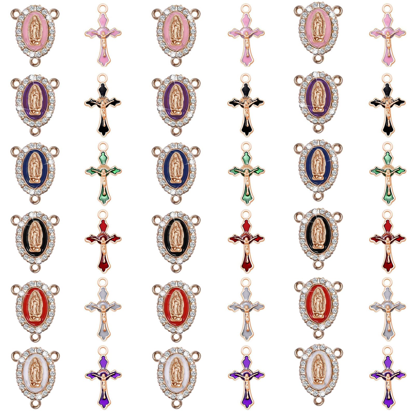 48Pcs/24Sets Rosary Making Kits Supplies Cross and Center Medal Charms Alloy Enamel Rhinestones Virgen de Guadalupe Charm Pendant for Diy Catholic Prayer Necklace