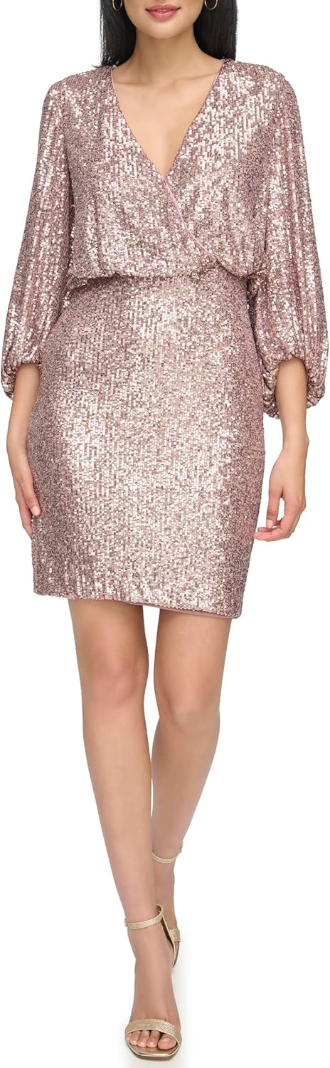 Eliza J Womens Balloon Sleeve Blouson Wrap Sequin Mini Cocktail Dress