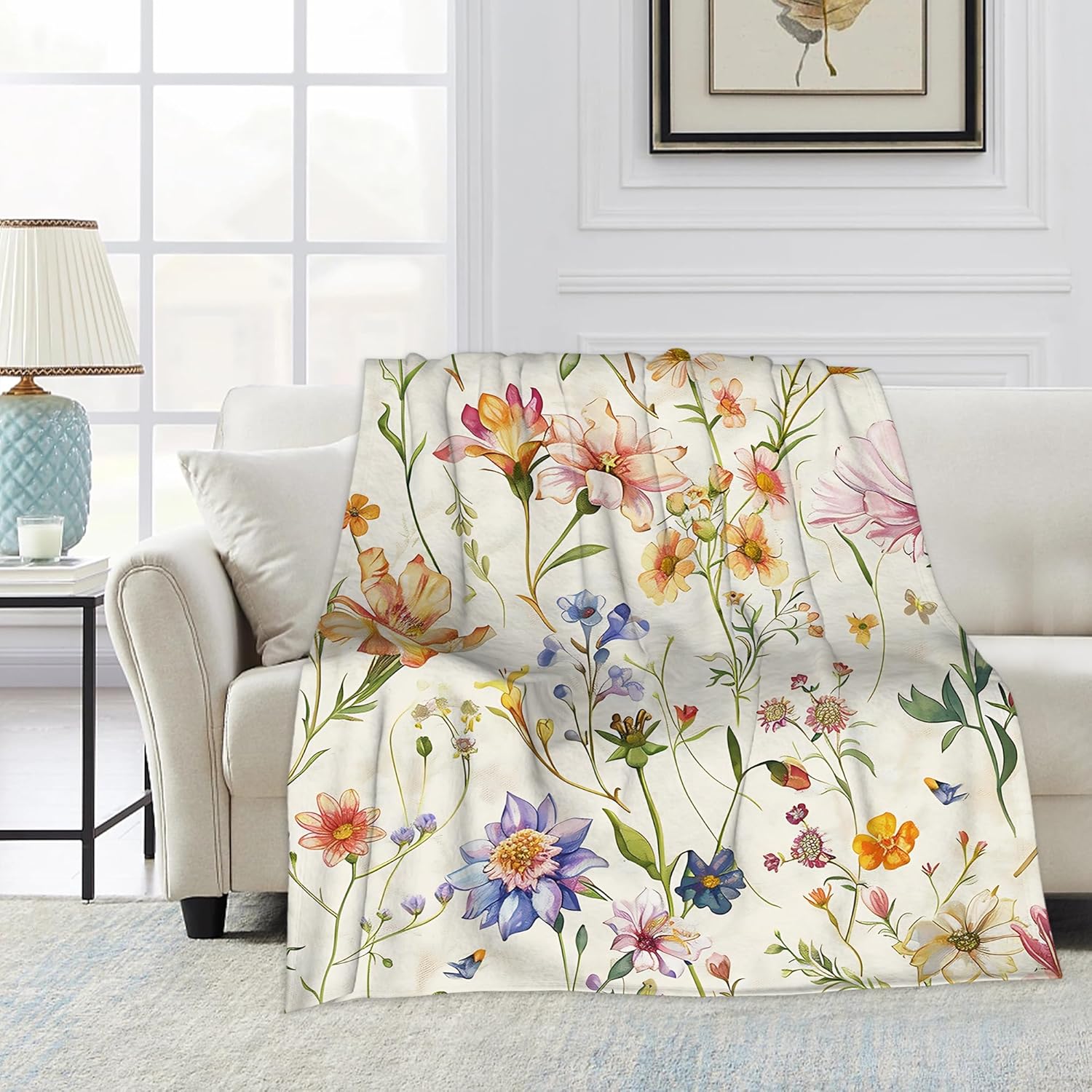 Garden Wildflowers Throw Blanket, Spring Blanket Throw for Adults, Lightweight Soft Cozy Blanket for Couch Sofa Bed Room Decor 60x80 Inches