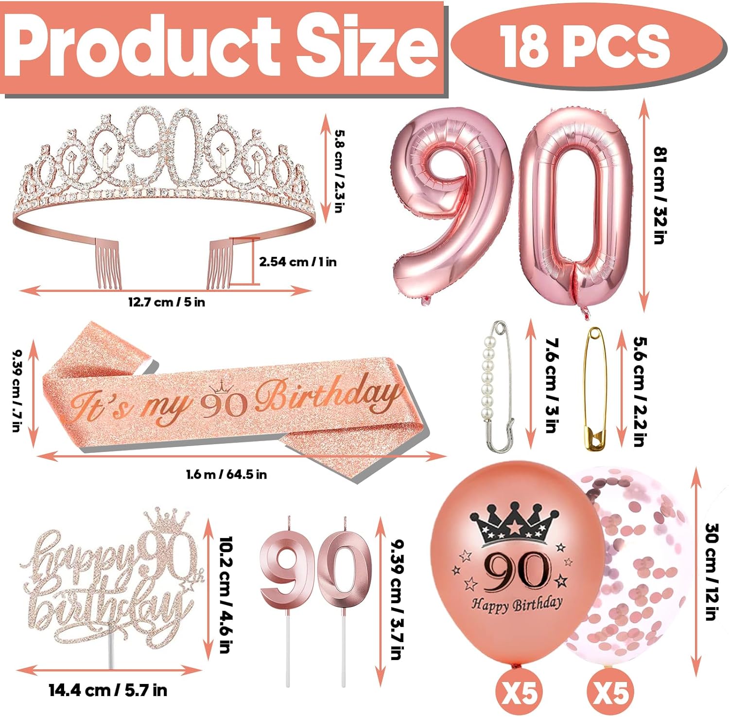 90th Birthday Decorations for Women, 90th Birthday Sash, 90th Birthday Crown, 90th Birthday Cake Topper, Balloons, Pin and Candle Set, Rose Gold - Image 2