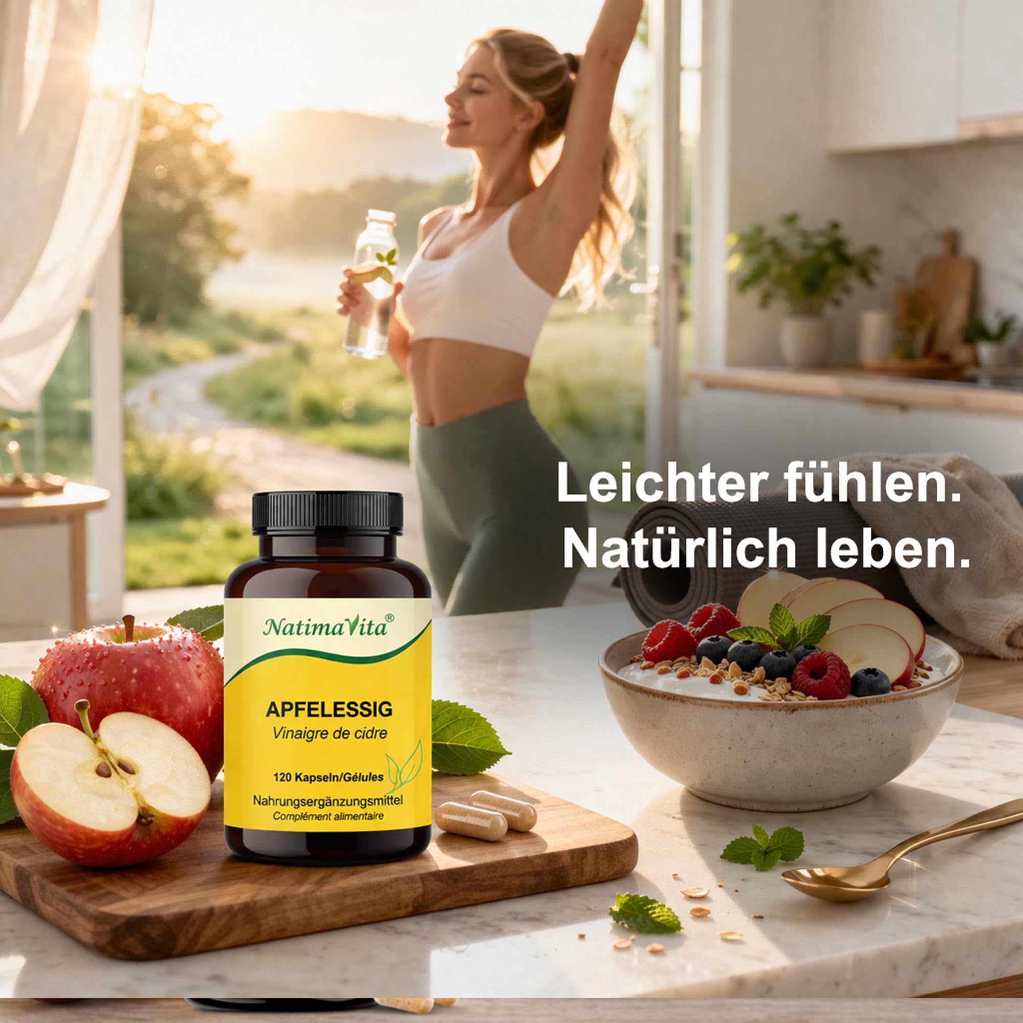 Vinaigre de cidre de pomme en gélules - 1000 mg par jour - 2 x 120 capsules vegan - Soutient le métabolisme et l’élimination - Naturel et efficace