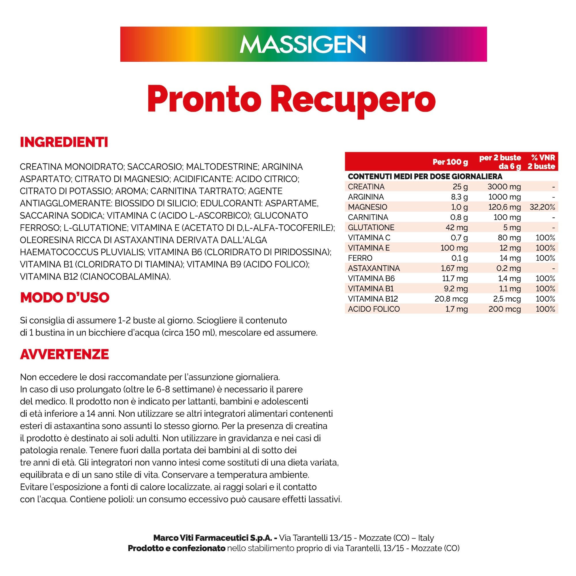 MASSIGEN Pronto Recupero Integratore Alimentare in Polvere - creatina, carnitina, arginina
