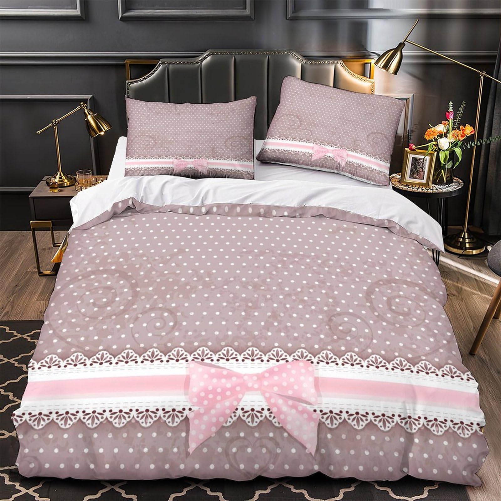 Parure de lit microfibre rose nœud 3D housse de couette single