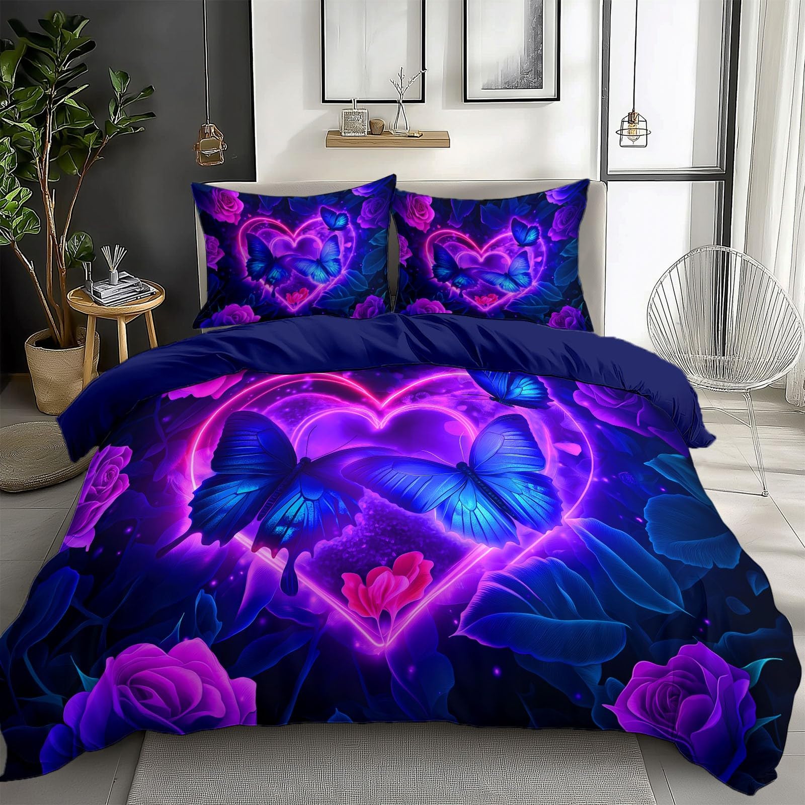 Zestaw pościeli King Size Fantasy Rose Butterfly poszewka na kołdrę, niebiesko-fioletowa poszewka na kołdrę dla dzieci nastolatków chłopców dziewcząt i mężczyzn, nowoczesna dekoracja sypialni (3 szt.)