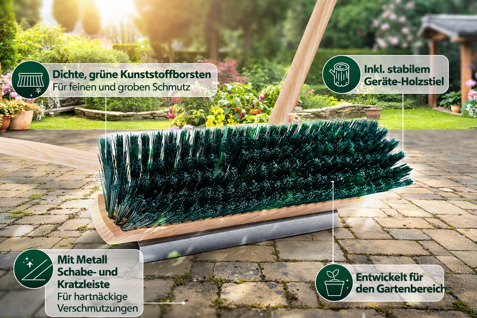 BawiTec Allzweckbesen, 40cm Breit/Lang, mit Kratzleiste/Schabekante und Metall-Stielhalter, Gartenbesen mit Stiel Besenstiel 160cm, Straßenbesen, grüne Borsten, Besen für Garten, Straße usw.