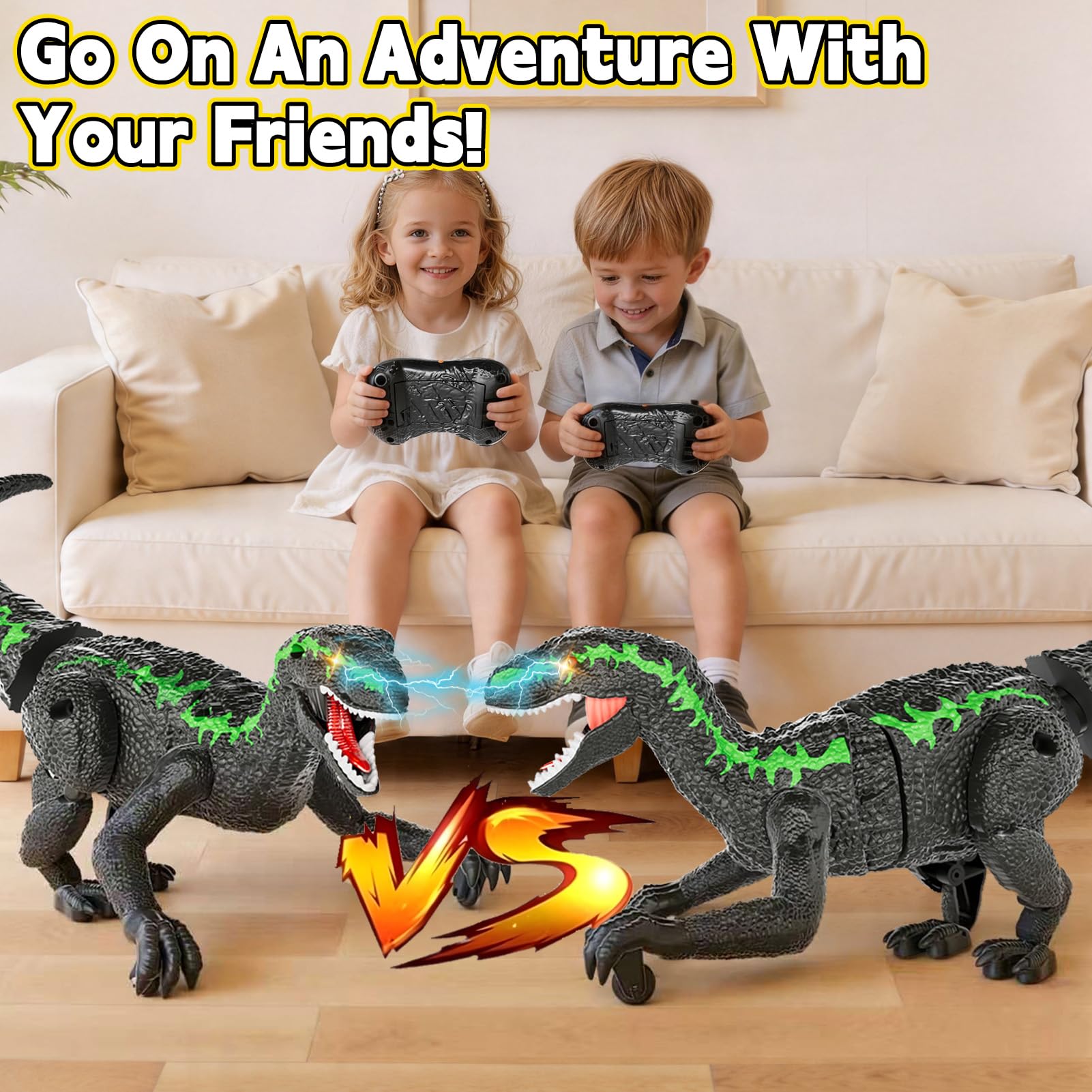 Dinosaure Télécommandé RC Rechargeable 2,4 GHz avec Yeux 3D et 3 Sons, Jouet Interactif pour Enfants 3+ (Vert)