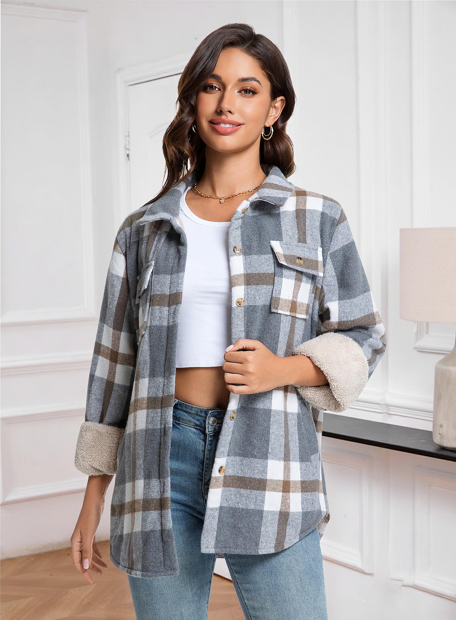 Elesuit Damen Sherpa Gefüttert Flanell Hemdjacke Plaid Button Down Jacke Mantel für Frauen mit Tasche