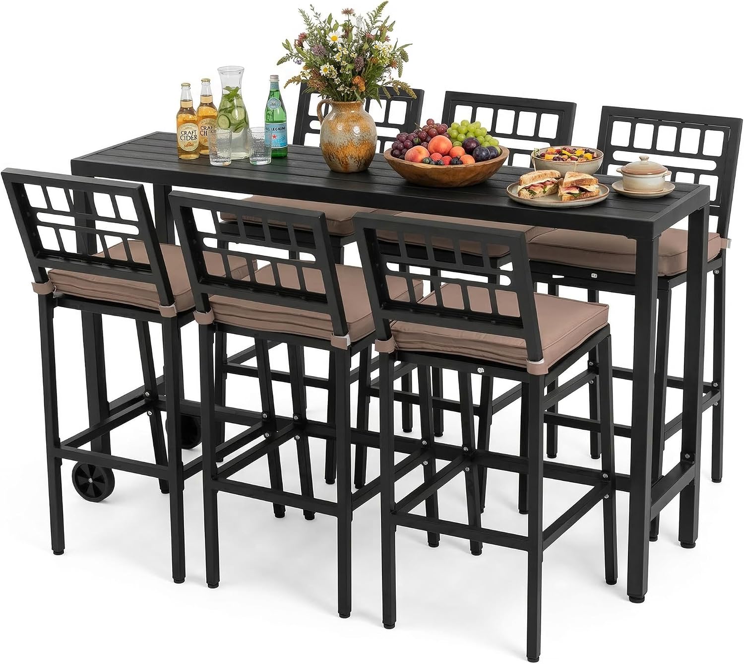 3Pcs Bar Table and Chairs Set, 63" Outdoor Bar High Top Table with 2 Cushioned Bar Stools, Modern Patio Table and Chairs Set for Backyard, Porch, Bistro, Pool Balcony