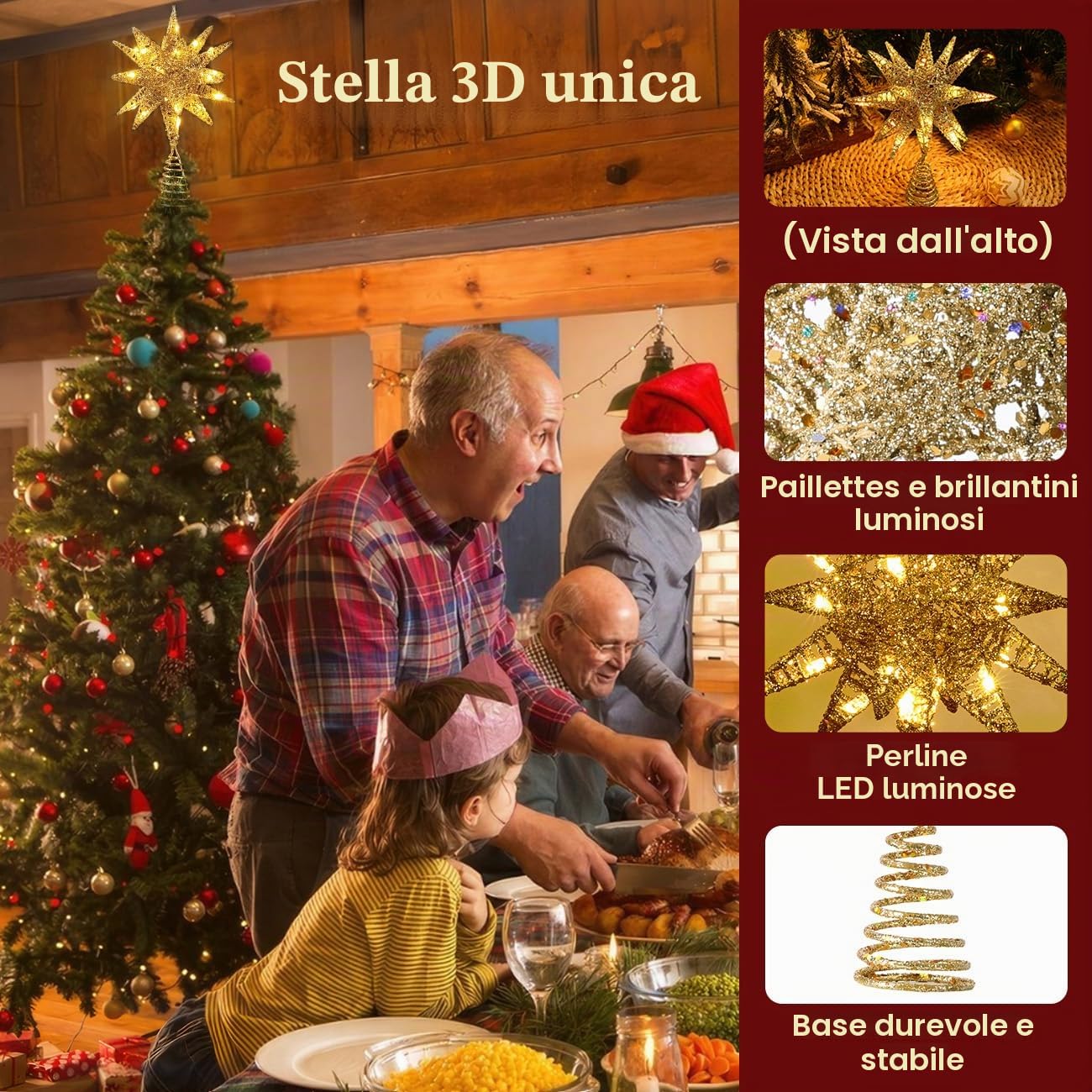 Luxspire Puntale Albero Natale LED, Decorazioni Natalizie Luci di Albero, a Forma di Albero con Glitter, Luci LED Albero di Natale, a 2 AA Batterie, Decorazione per Natale Festa Casa, Champagne Oro