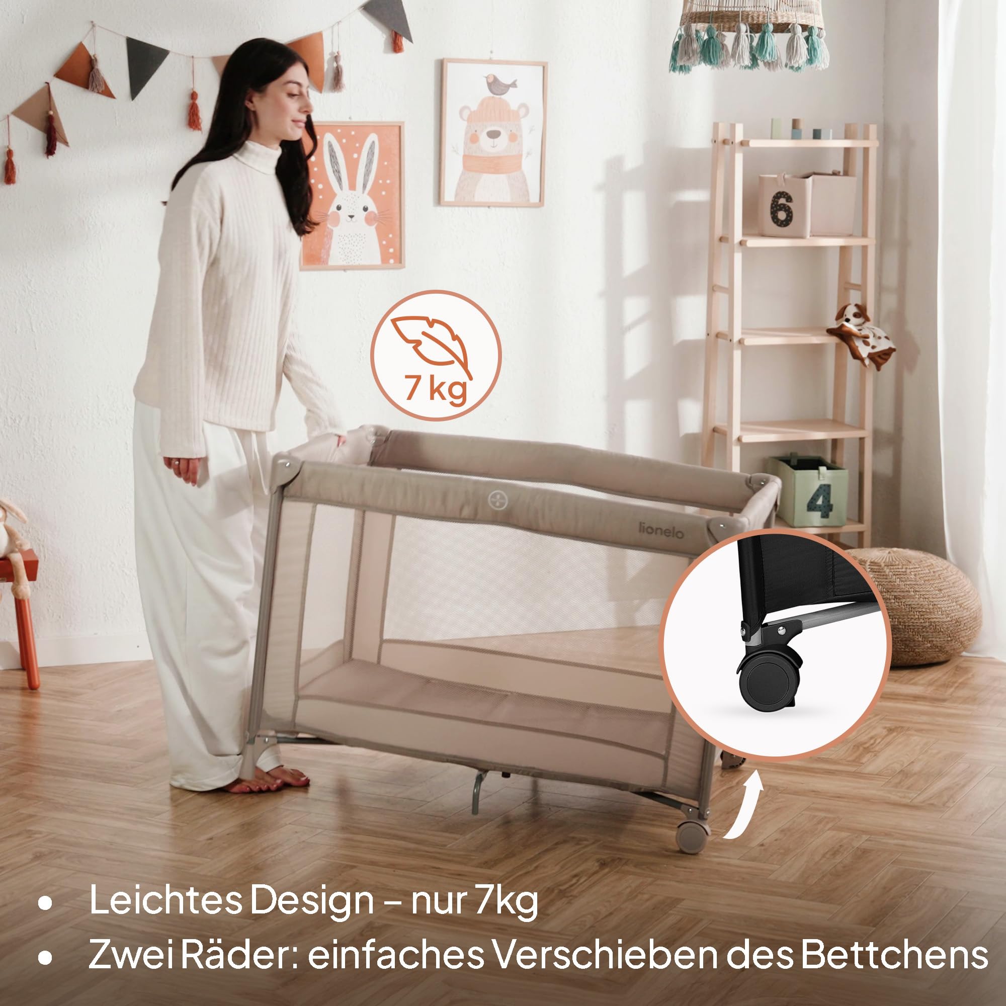 Lionelo Amelie Baby-Reisebett, ab Geburt bis 15 kg, klein, faltbar, weiche Faltmatratze, 100,5 x 70,5 cm, 2 Räder, seitlicher Einstieg, Reisetasche