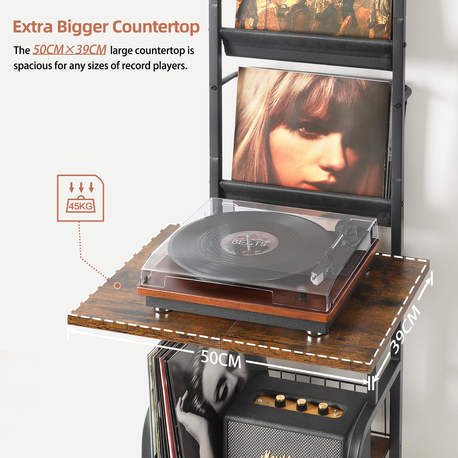 Bikoney Mueble Tocadiscos con Almacenamiento para hasta 200 Discos de Vinilo, Mesa para Tocadiscos de 3 Niveles con Estante Expositor, Soporte de Madera y Metal para Salón y Dormitorio