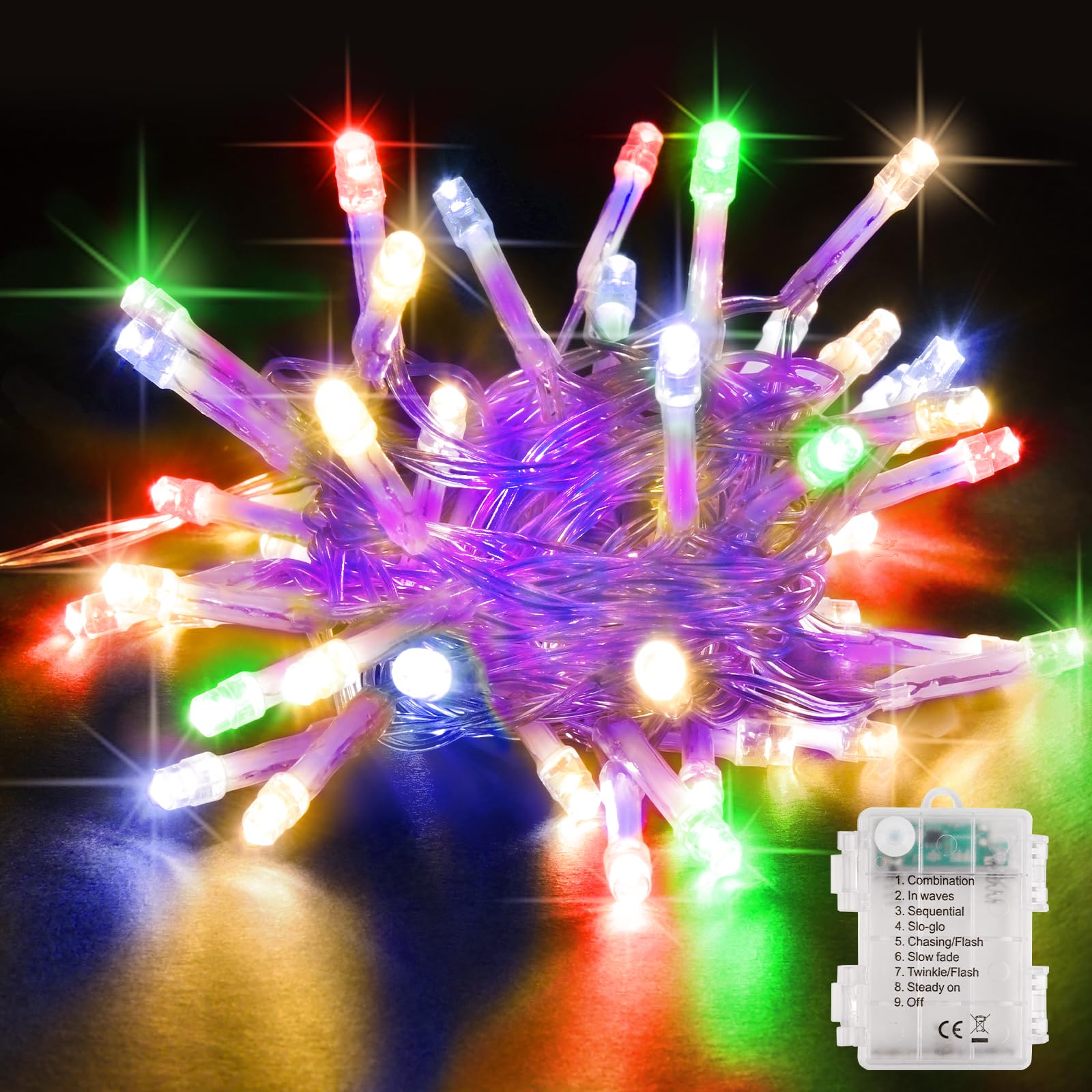 SENTAIMAO Fairy Lights,5M/50 LED Battery Operated String Lights for Indoor Outdoor Bedroom Lighting, Wedding Decor, Party, Garden, Christmas, Tree Decoration (Warm White) (Mutilcolour, 2-Pack)