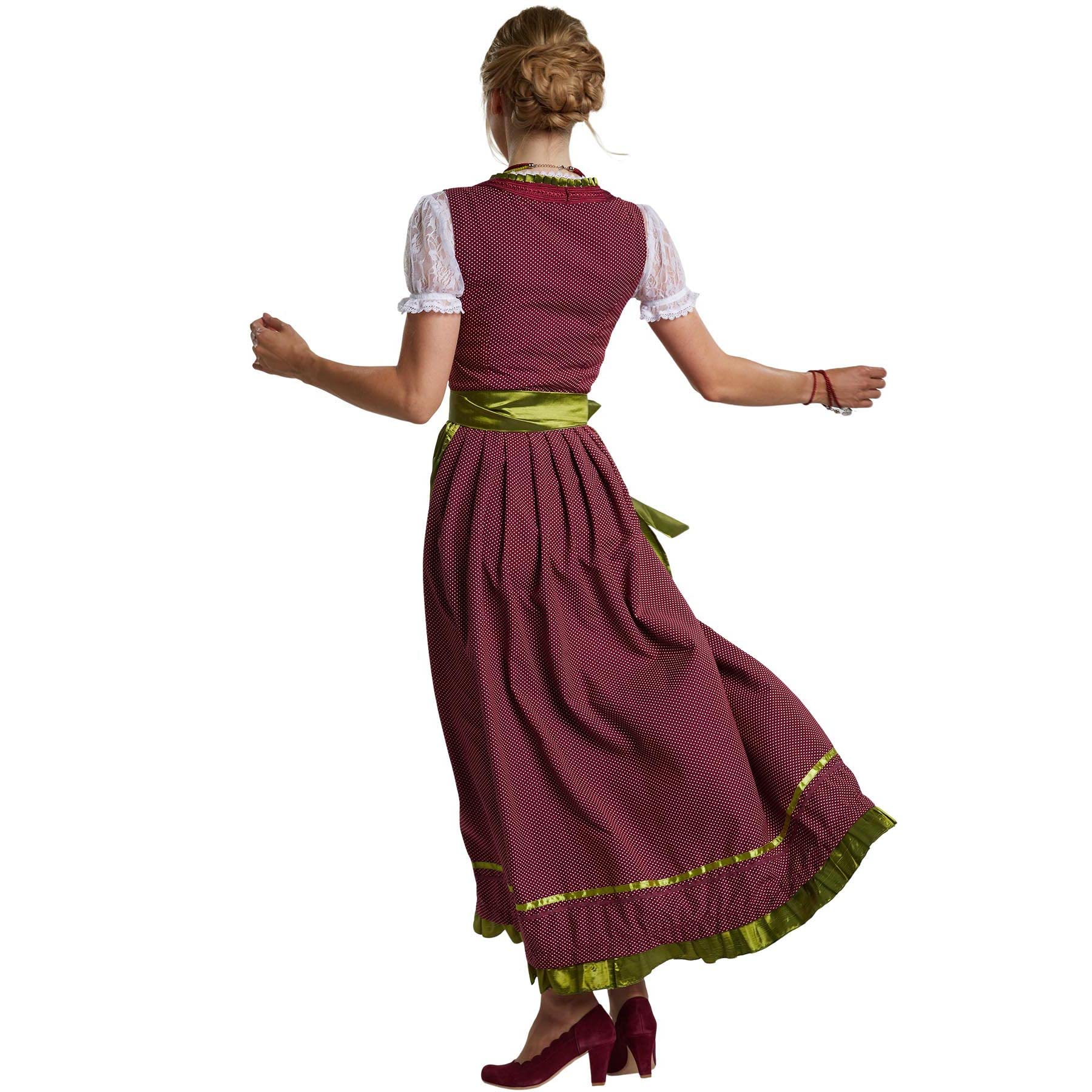 dressforfun Dirndl Damen Lang, Maxi Trachtenkleid mit Strasssteinen, feiner Schnürung, Rüschen-Ausschnitt und Zierborte, Trachtenrock Damen mit Schürze, Dirndl lang für Oktoberfest, rot/grün