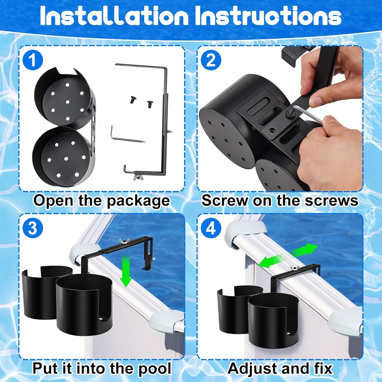 Adjustable Poolside Cup Holders for Above Ground Pool,Double Pool Drink Holder Metal Poolside Drink Accessories for Square Top Pools Only,Not Compatible with Round/Oval Top Bar