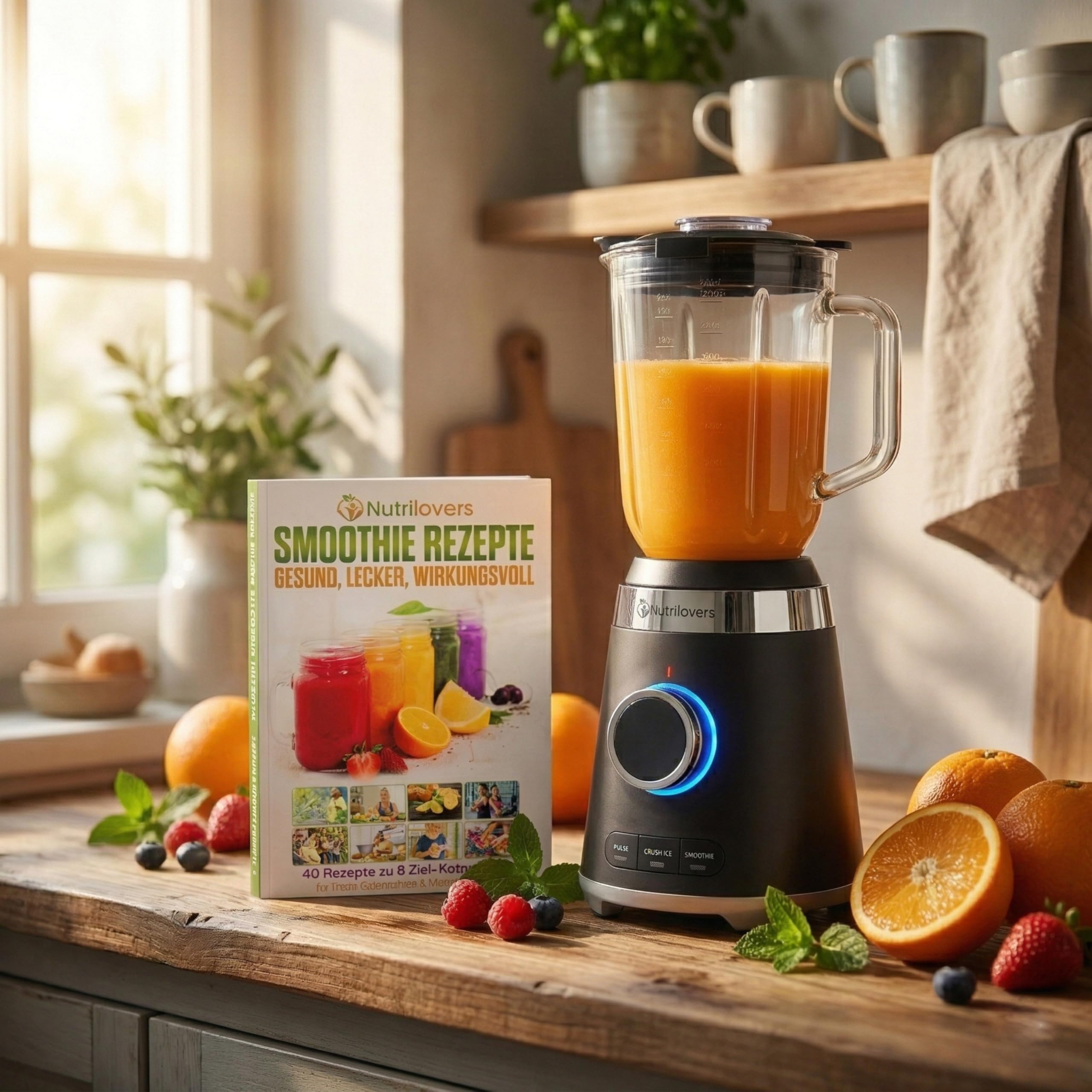 NUTRI-BLENDER GLAS mikser stojący o wysokiej wydajności, 1300 W, mikser do smoothie, profesjonalny blender, szklany pojemnik 1,75 l, obudowa ze stali nierdzewnej, 4 ostrza, nie zawiera BPA, cichy