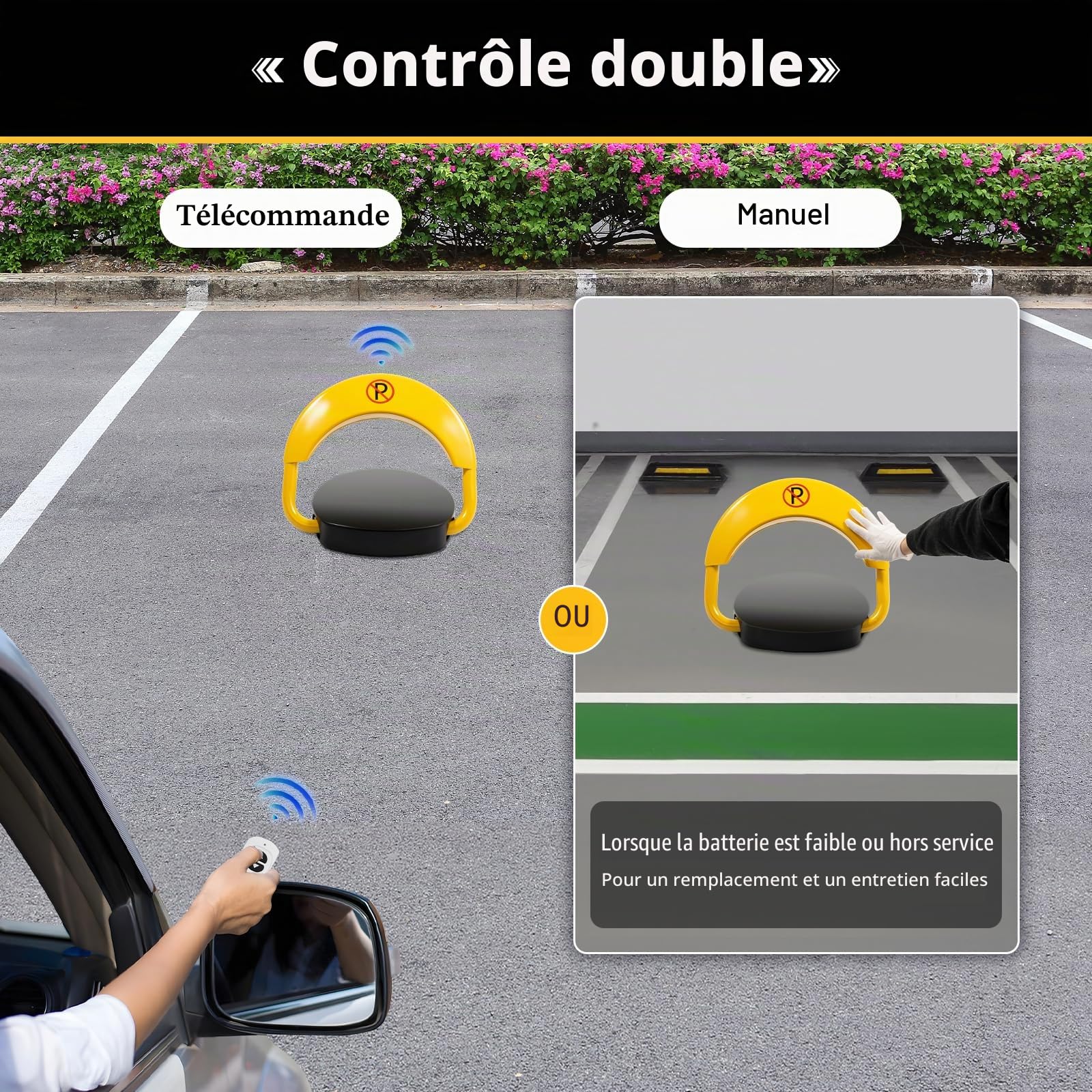 Barrière de parking électrique avec 2 télécommandes - Avec batterie automatique - Pliable - Avec réflecteur