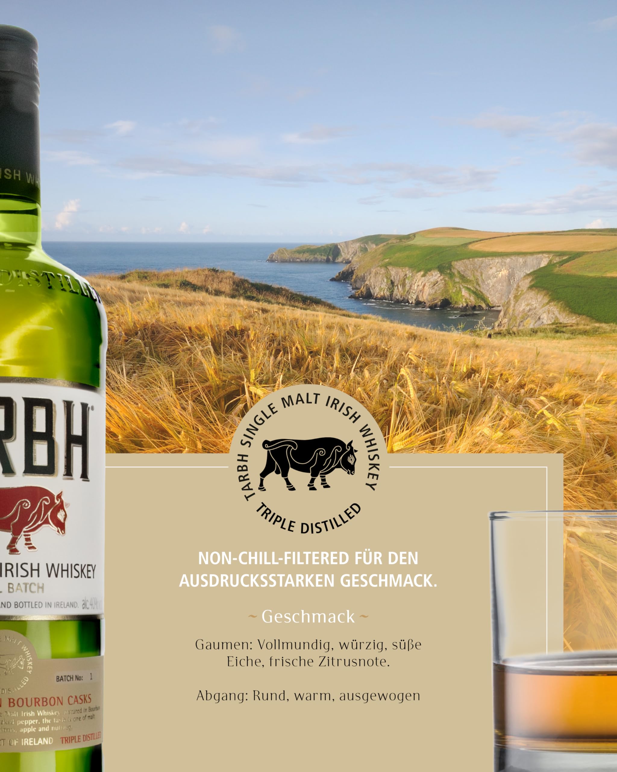 TARBH Contemporary Series Single Malt Irish Whiskey 0,7 l 40% - Small Batch, Triple Distilled & Non-Chill Filtered, Gereift in Bourbonfässern, Aromatisch mit Karamell- und Vanillenoten