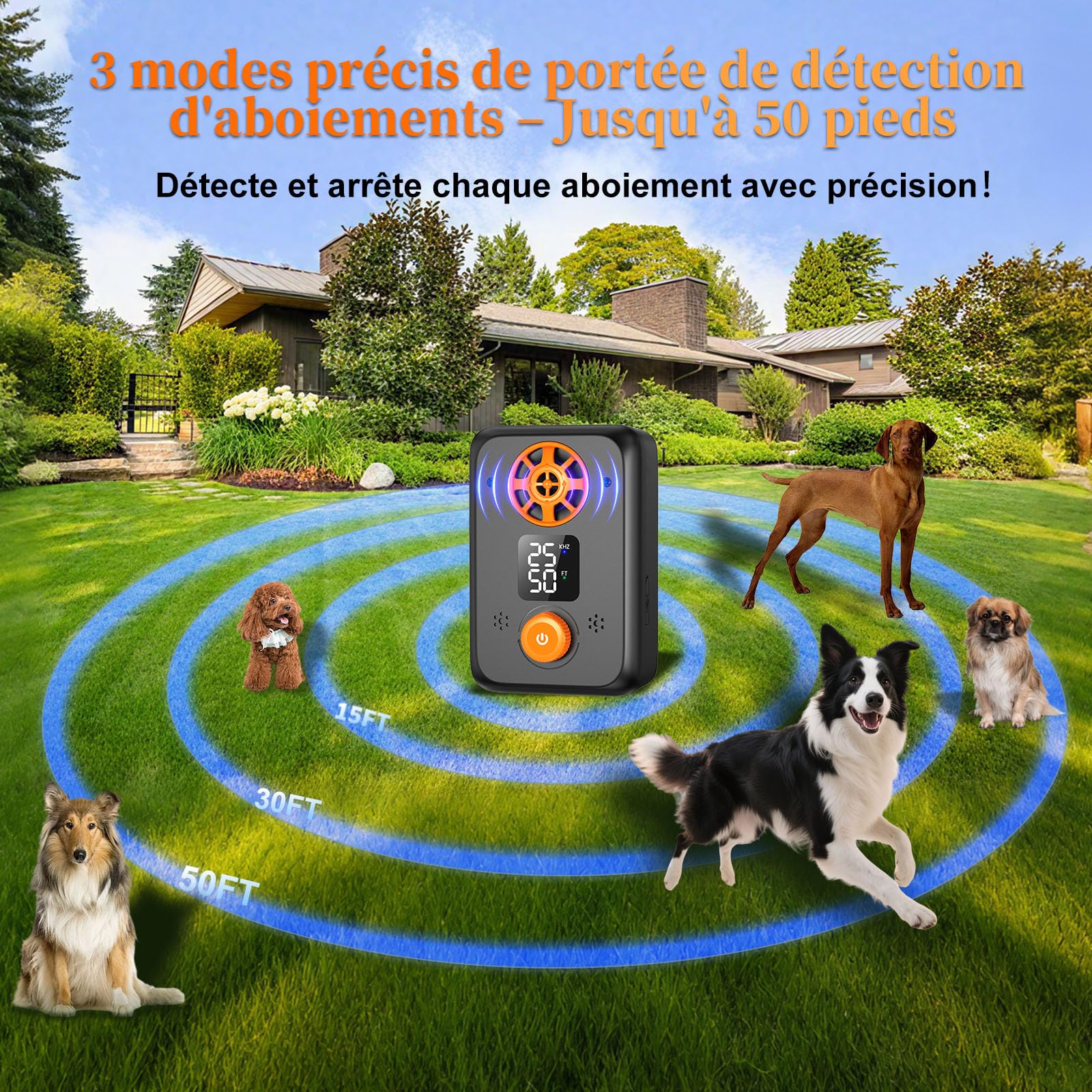 Anti Aboiement Chien Ultrason Puissant - Appareil Anti-Aboiement Ultrasonique Chien avec 5 Fréquences Ajustables, 3 Portées, Arrêt Automatique du Aboiement Intérieur/Extérieur