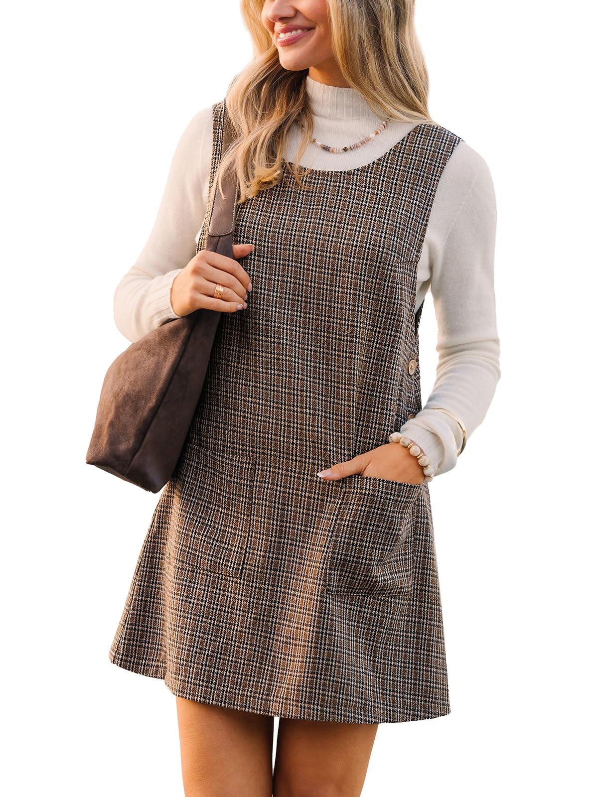CUPSHE Womens Fall Dresses Houndstooth Pinafore Dress Side Buttons Crewneck Plaid Overall Mini Dress with Pockets