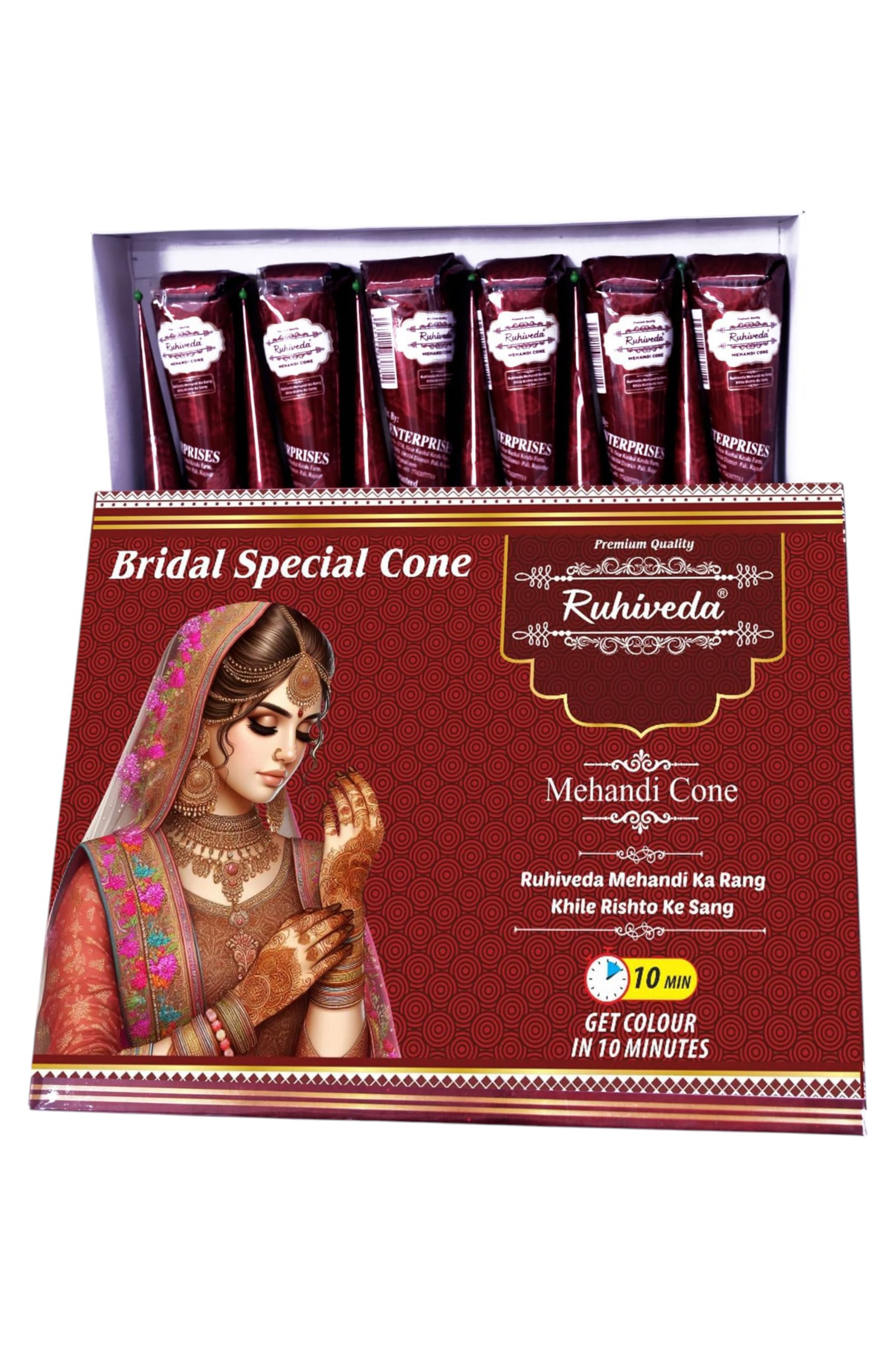 Ruhiveda Bridal Special Mehandi Cone – Rajasthani Henna for Hands & Feet | 100% Natural | Henna paste Dark Brown | Pack of 12 Cones | Instant Mehandi Cone 25ml each | Wedding & Festival Ready-image-39