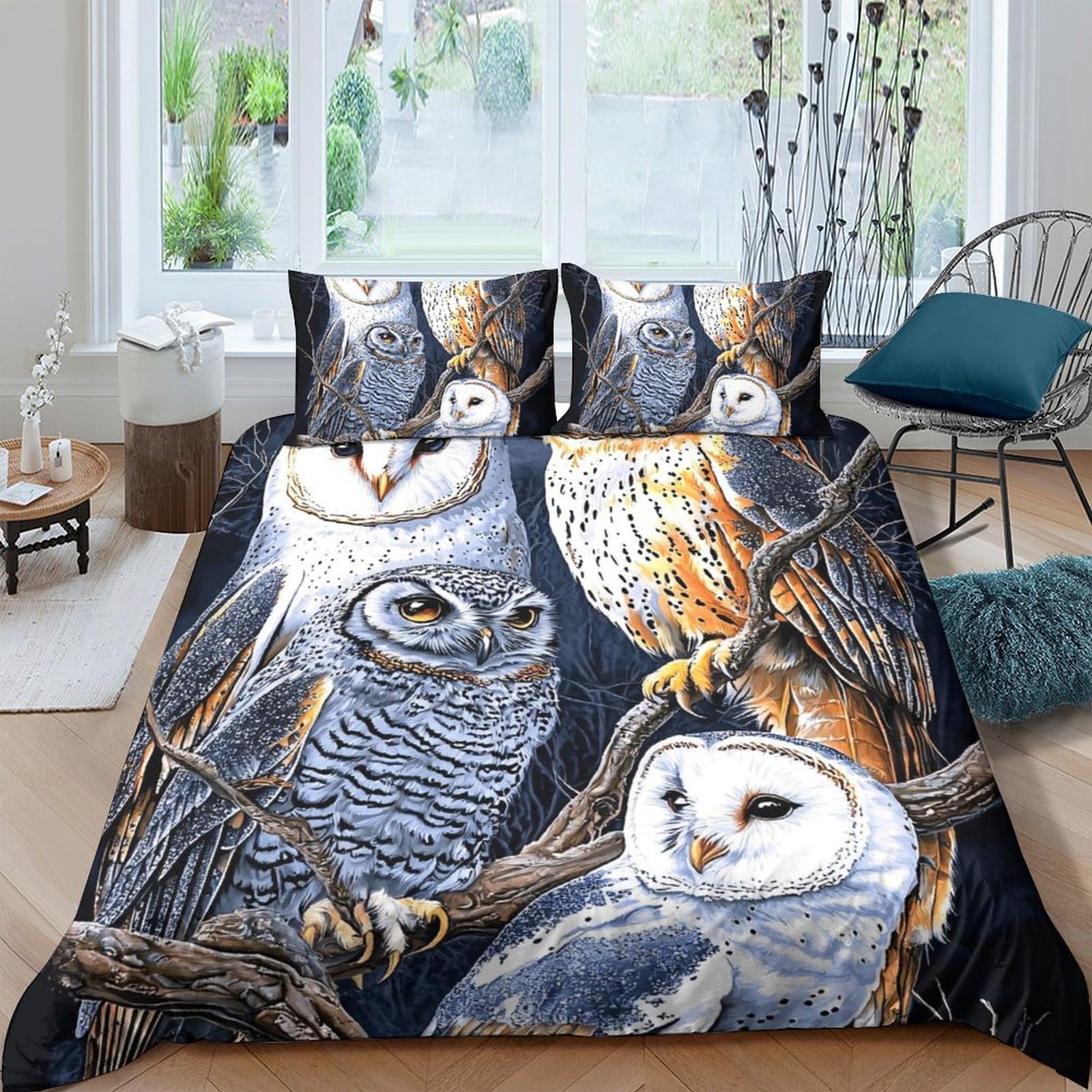 Ctjqhvkz Style-1 3D Printed Owl Forest Fitted Sheet Microfiber Soft Breathable Woodland Birds Bed Cover For Bedroom Decor Protection Single（135X200cm）