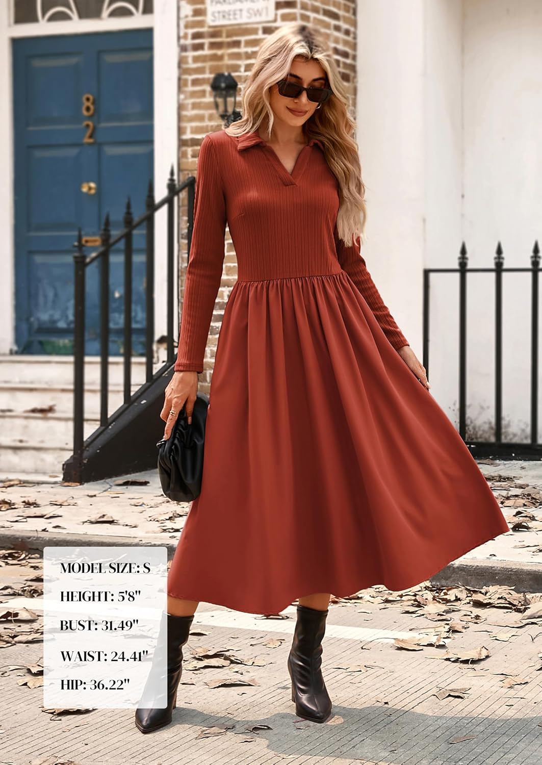 Kate Kasin Women's Fall Long Sleeve Midi Dress 2025 Casual Polo V Neck Ribbed Knit A Line Flowy Work Dresses with Pockets - Image 5