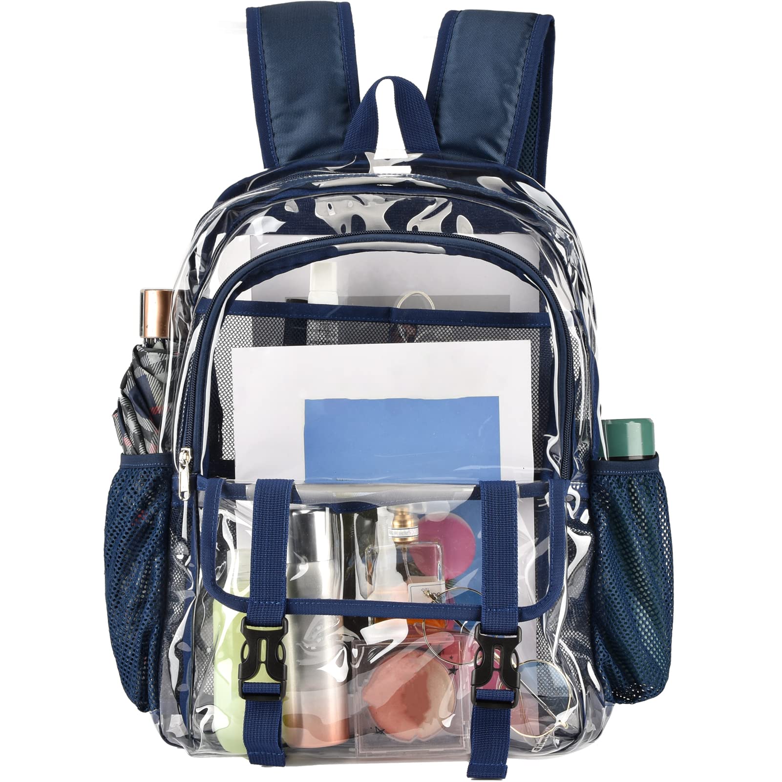 KUI WAN Clear Backpack, Large Clear Bag Stadium Heavy Duty PVC Transparent See Through Backpacks for Boys Girls, College, Work, Navy Blue
