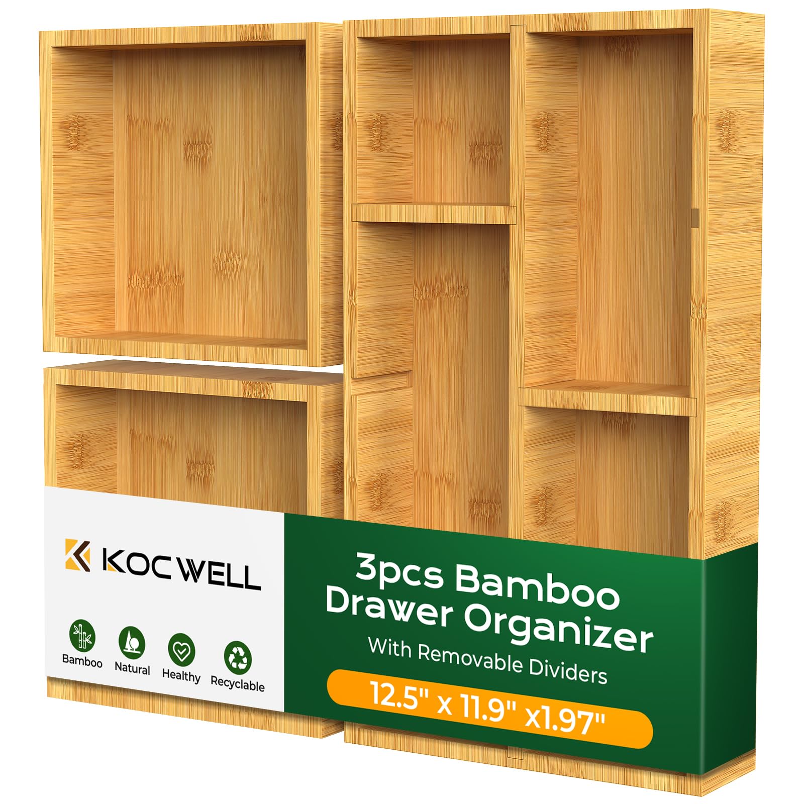 KOCWELL Bamboo Desk Drawer Organizer with Removable Dividers,Multi-Use Office Drawer Organizer Tray,Junk Drawer Organizers for Office,School,Kitchen,Makeup Supp