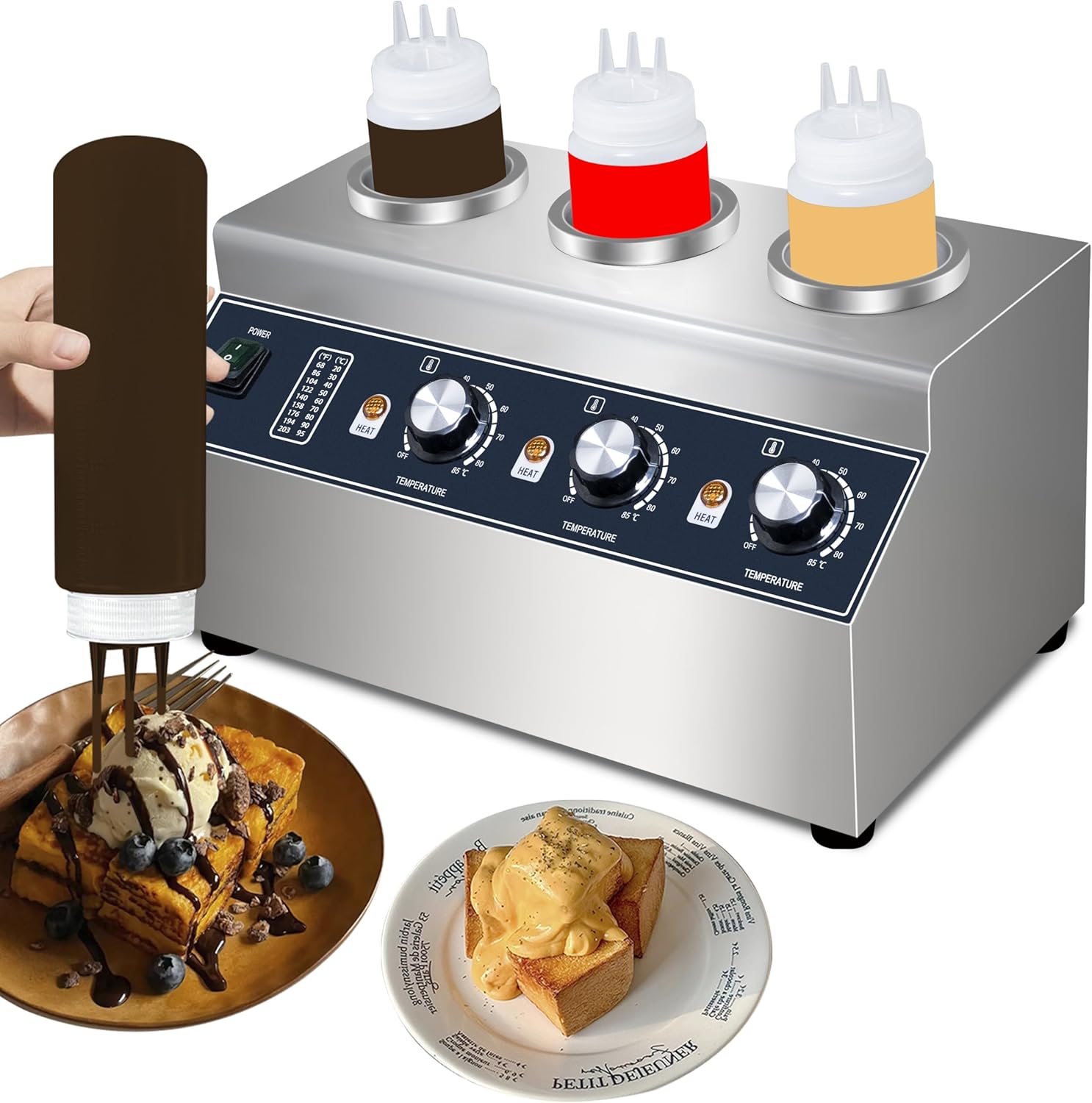 Premium Sauce Warmer - 3-Station 160W Commercial-Grade Condiment Warmer with Independent Temperature Control, Stainless Steel