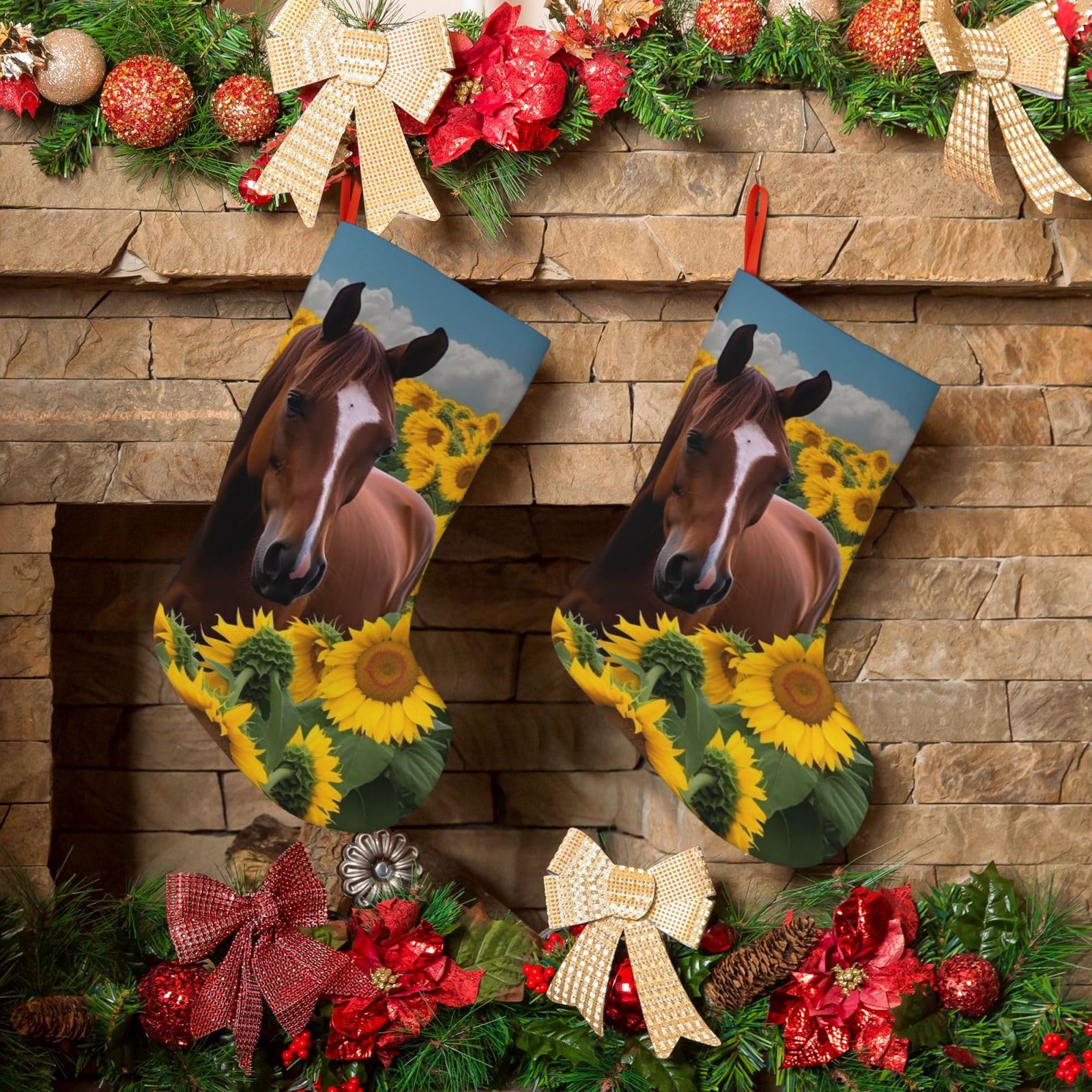 KLOPH Christmas Stockings 18" Personalized Xmas Stocking Horse and Sunflower Decoration Stockings Hanging Ornaments Fireplace Stocking for Holiday Xmas Tree Christmas Decor