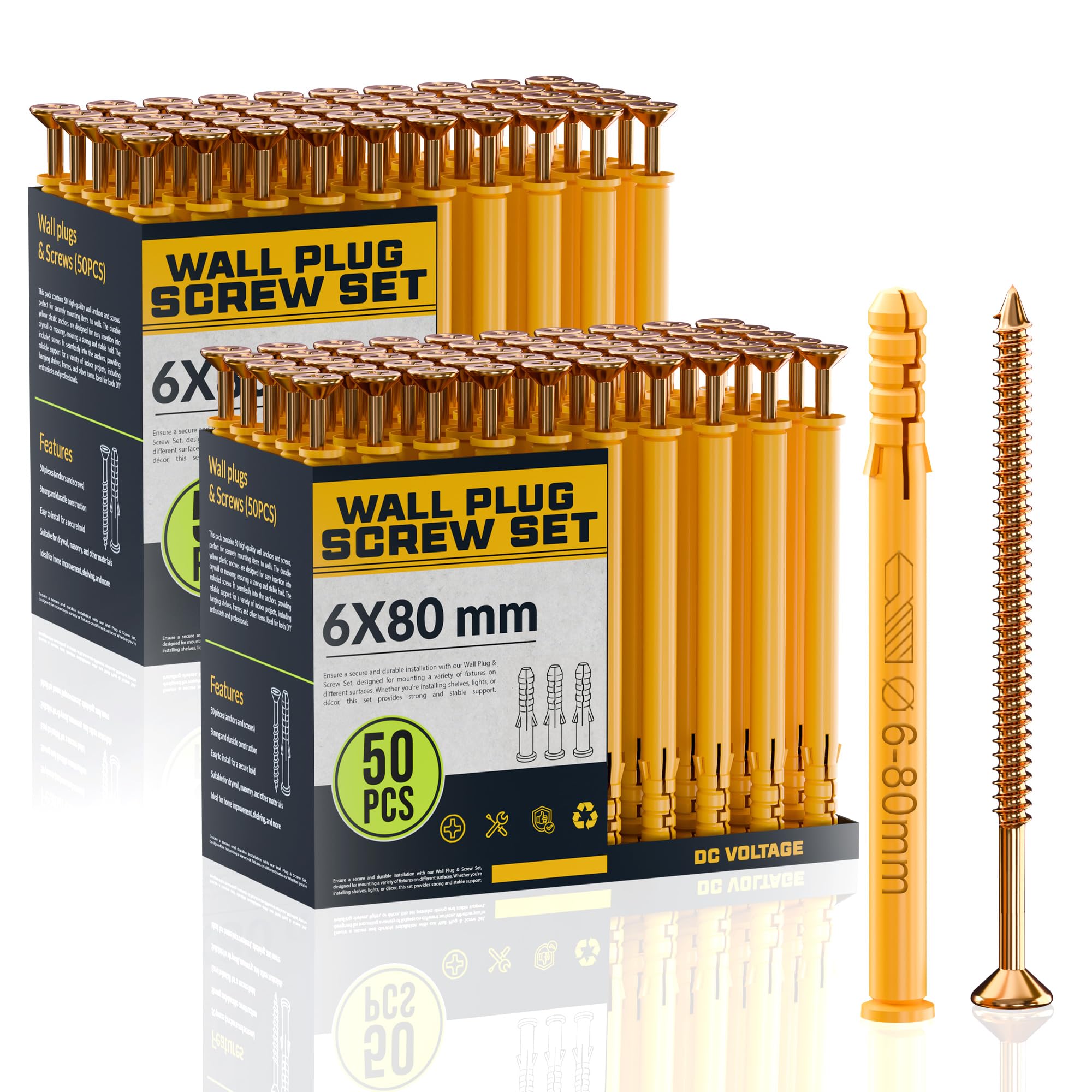 DC VOLTAGE 50pcs x 2 Wall Plugs and Screws Set 6 x 80 mm Anchor Bolts For Masonry Brick Concrete Heavy Duty Brick Concrete Fixings Plugs Assorted Set pack