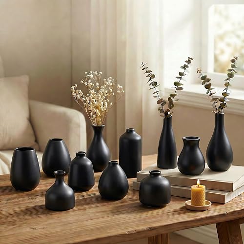 Black Bud Vases, Small Ceramic Vase Set of 11, Mini