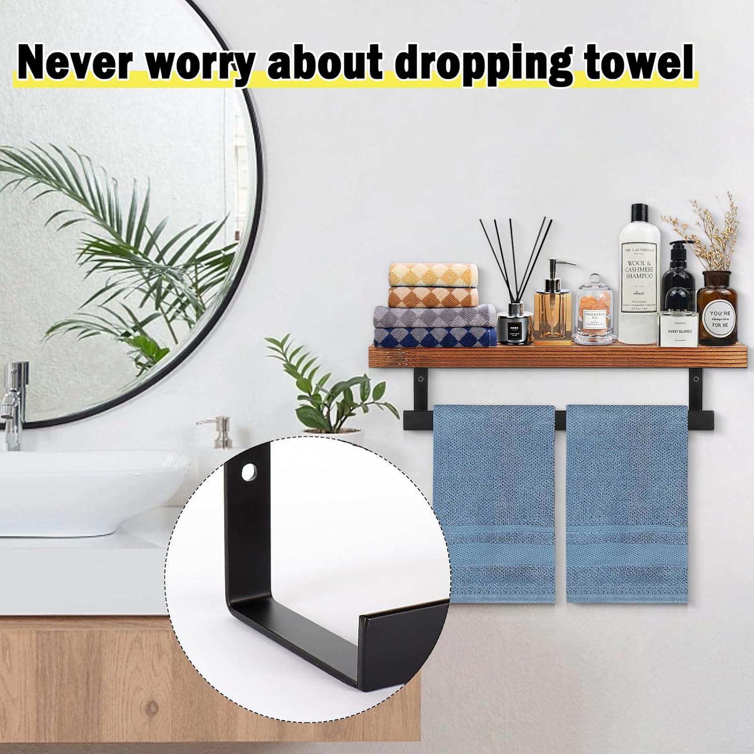 Hand Towel Holder/Towel Ring with Wooden Shelf, Hand Towel Rack, Hand Towel Hanger for Bathroom, Bath Accessories Wall Mounted, Matte Black (12"-Squ Shaped)