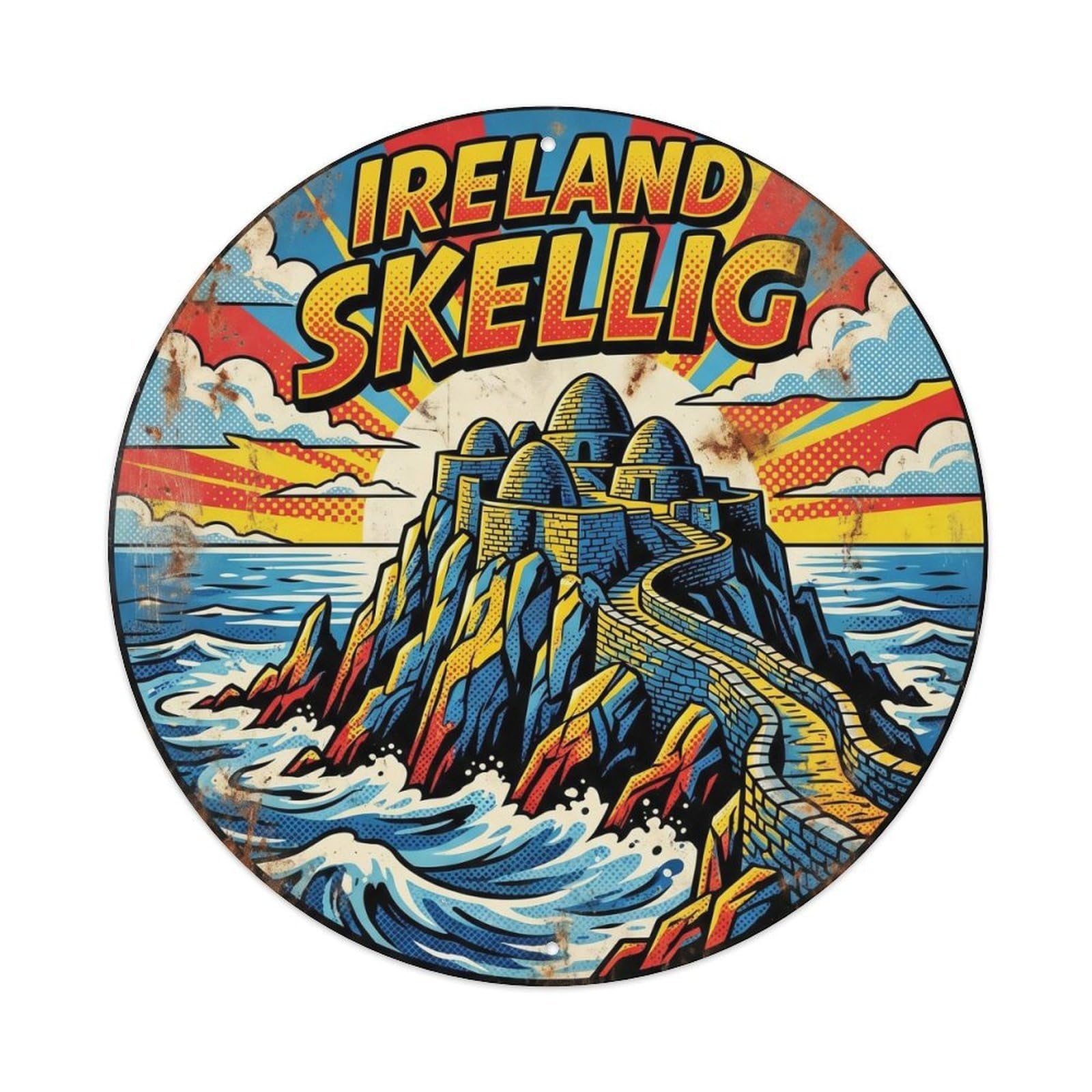 Skellig Monastery Irish Graphic Pop Heritage Travel Metal Tin Sign Plaque Wall Decor for Cafe, Man Cave, Club Bar, Office, Home Garden Round Metal Poster 8x8Inch