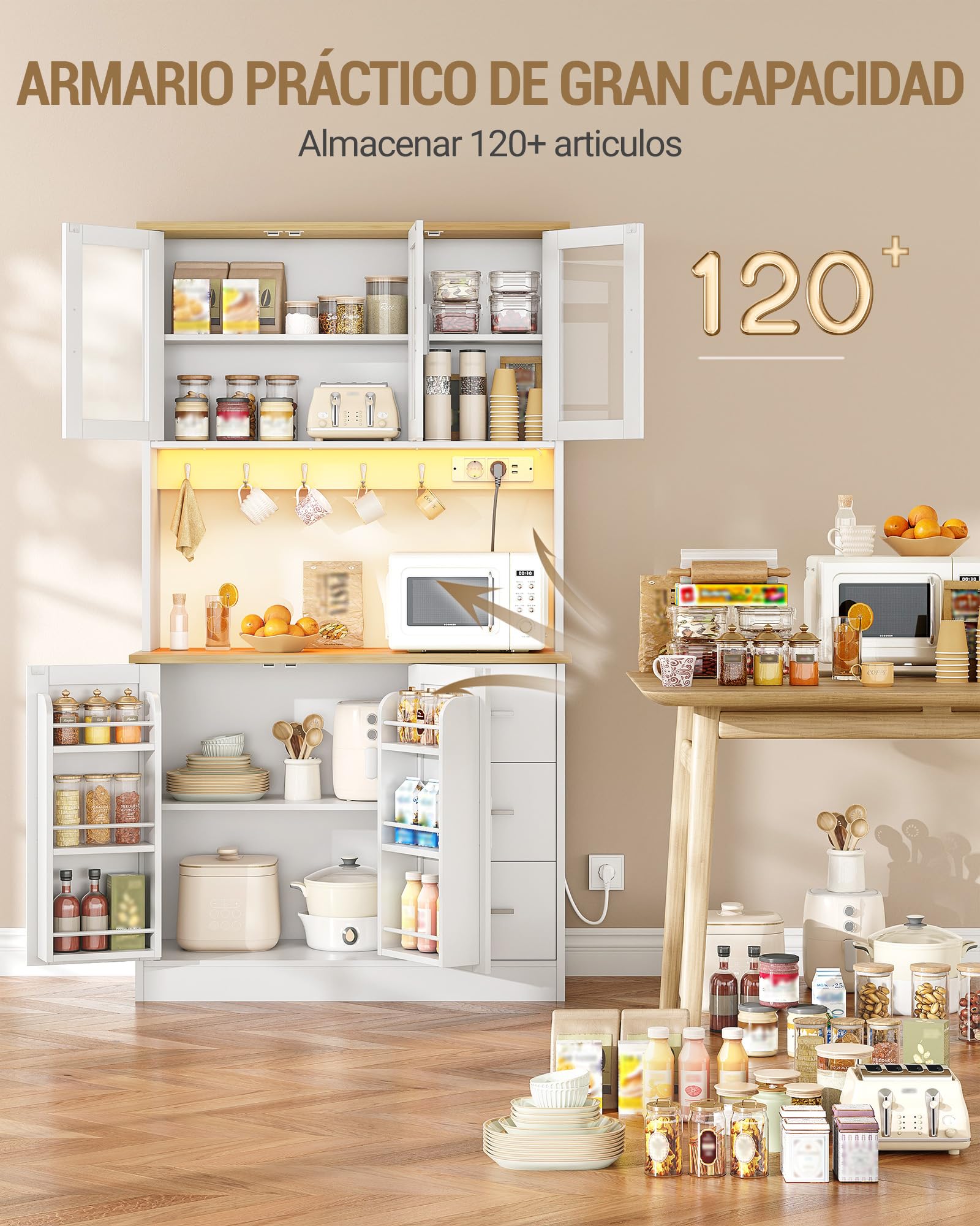 Hzuaneri Armario Cocina Alto, con Toma y Tira LED, 40 x 100 x 180 cm | Estante 6 Niveles Tras Puerta, 5 Puertas y 3 Cajones, Para Cocina o Salón, Blanco-Roble PT10303XEU
