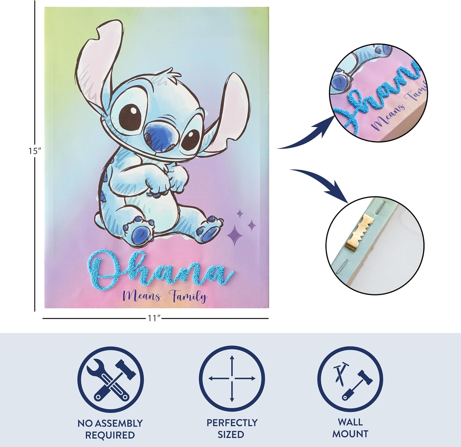 Idea Nuova Disney Lilo & Stitch Ohana Canvas Wall Art and Décor with 3D Tufting, 11" Wx15 H